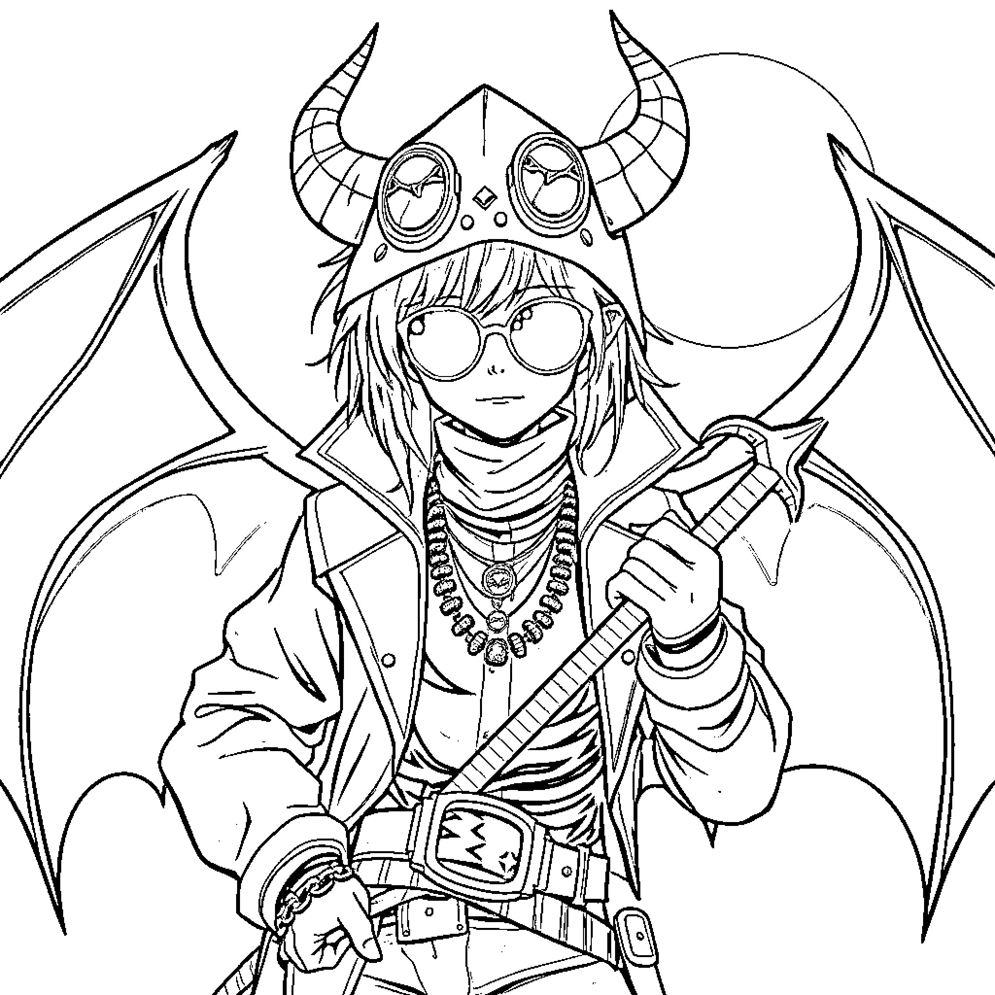 Kpop Idol in Vibrant Cosplay Outfit Coloring Page (free black-and-white line drawing printable PDF for all, from beginners to advanced learners, including children, teens, adults, and seniors)