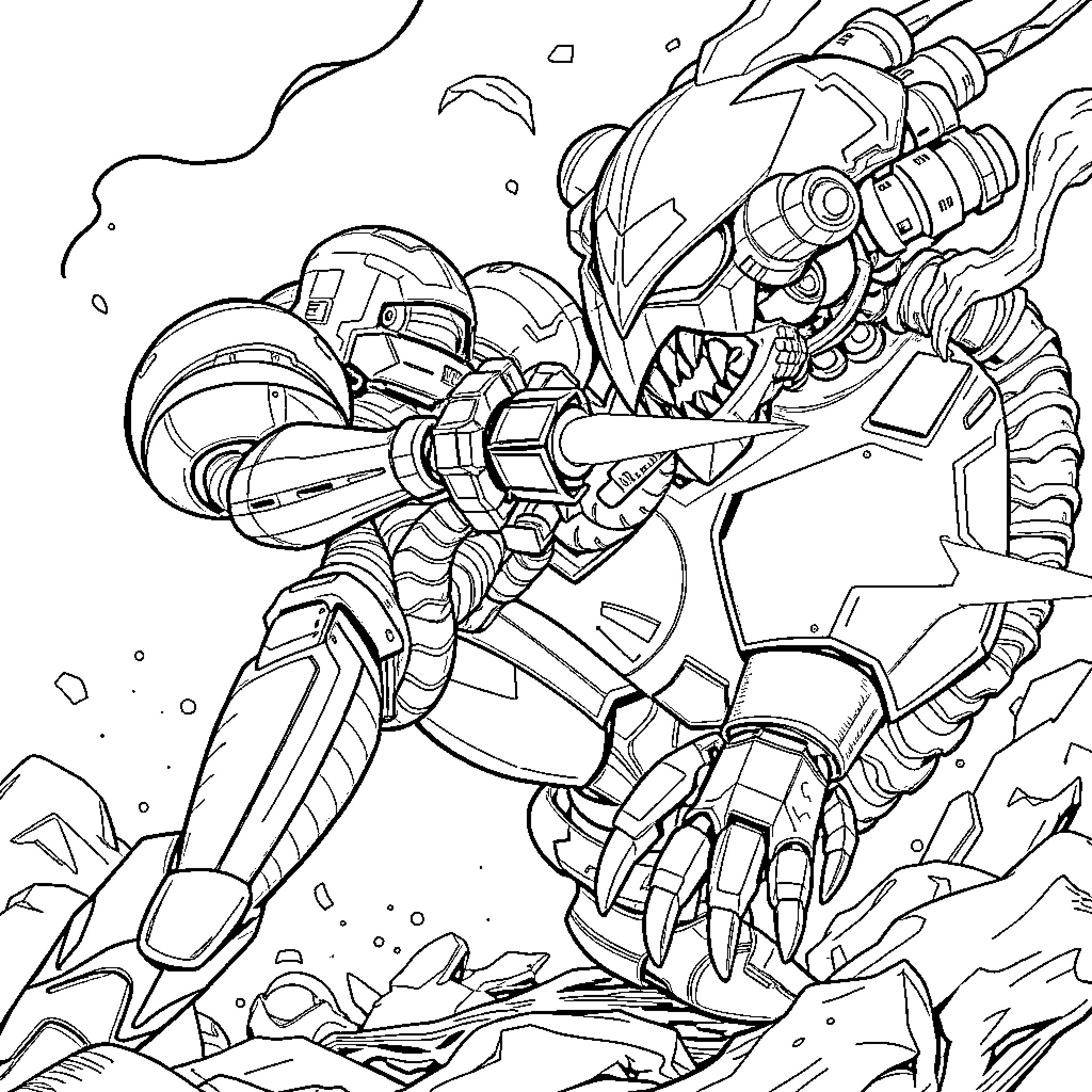 Samus Battling a Fierce Space Creature Coloring Page (free black-and-white line drawing printable PDF for all, from beginners to advanced learners, including children, teens, adults, and seniors)