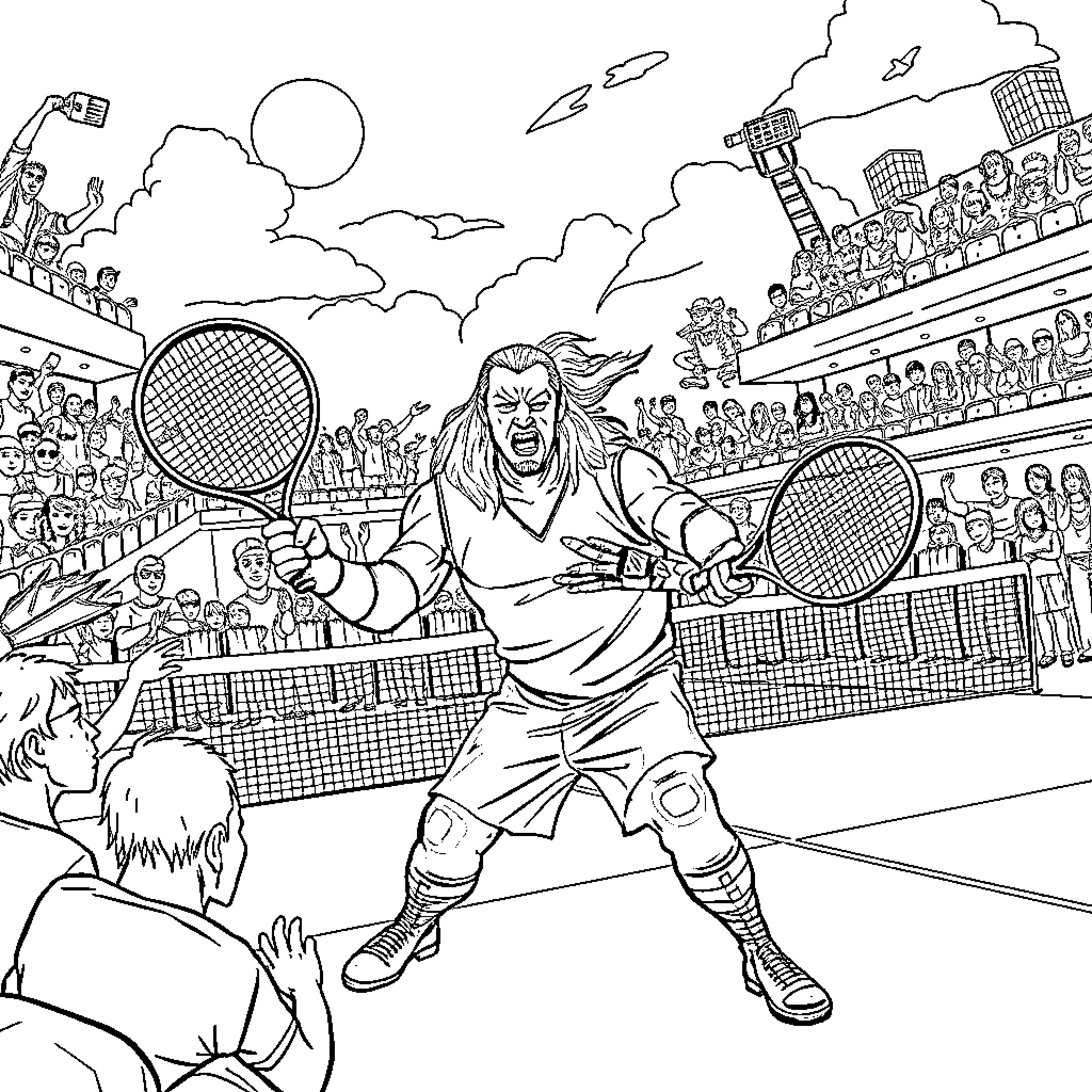 Kane's Intense Tennis Match in a Stadium Coloring Page (free black-and-white line drawing printable PDF for all, from beginners to advanced learners, including children, teens, adults, and seniors)