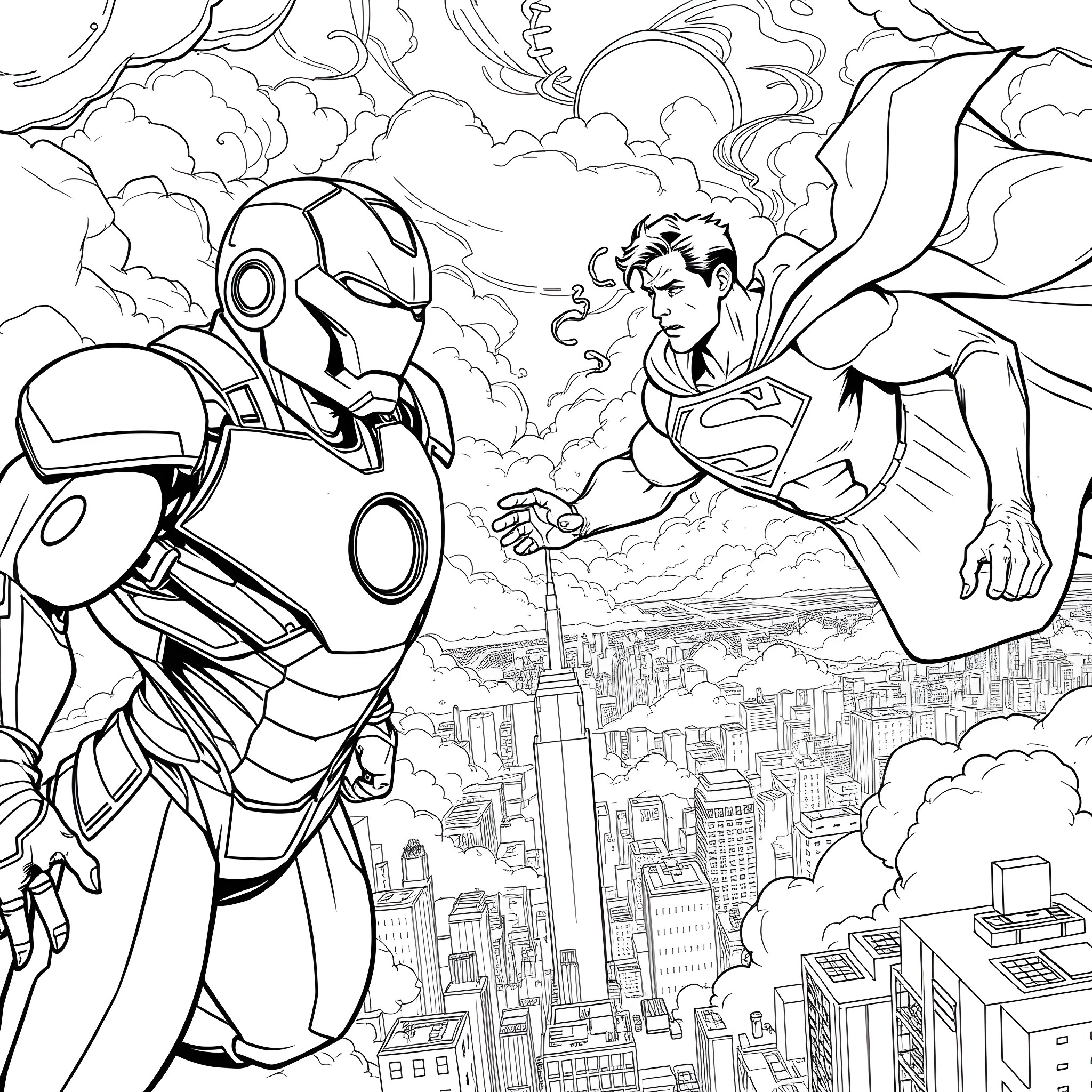 Ironman and Superman in action-packed confrontation Coloring Page (free black-and-white line drawing printable PDF for all, from beginners to advanced learners, including children, teens, adults, and seniors)