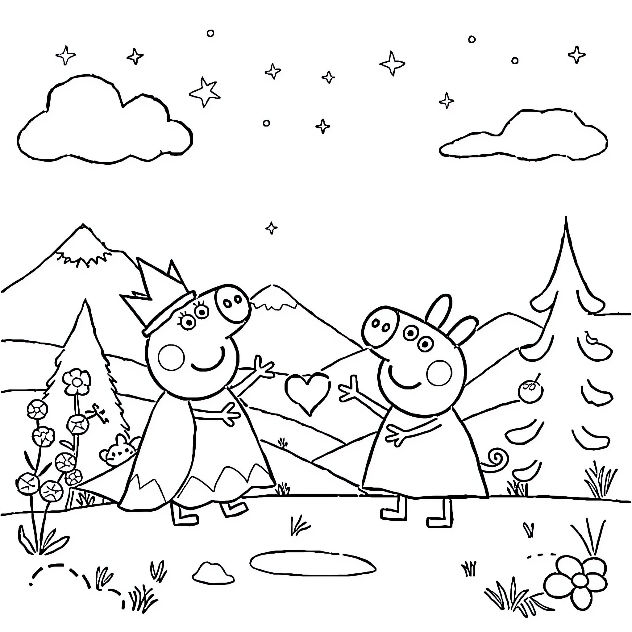 Queen and King Peppa Pig in Whimsical Countryside Coloring Page (free black-and-white line drawing printable PDF for all, from beginners to advanced learners, including children, teens, adults, and seniors)