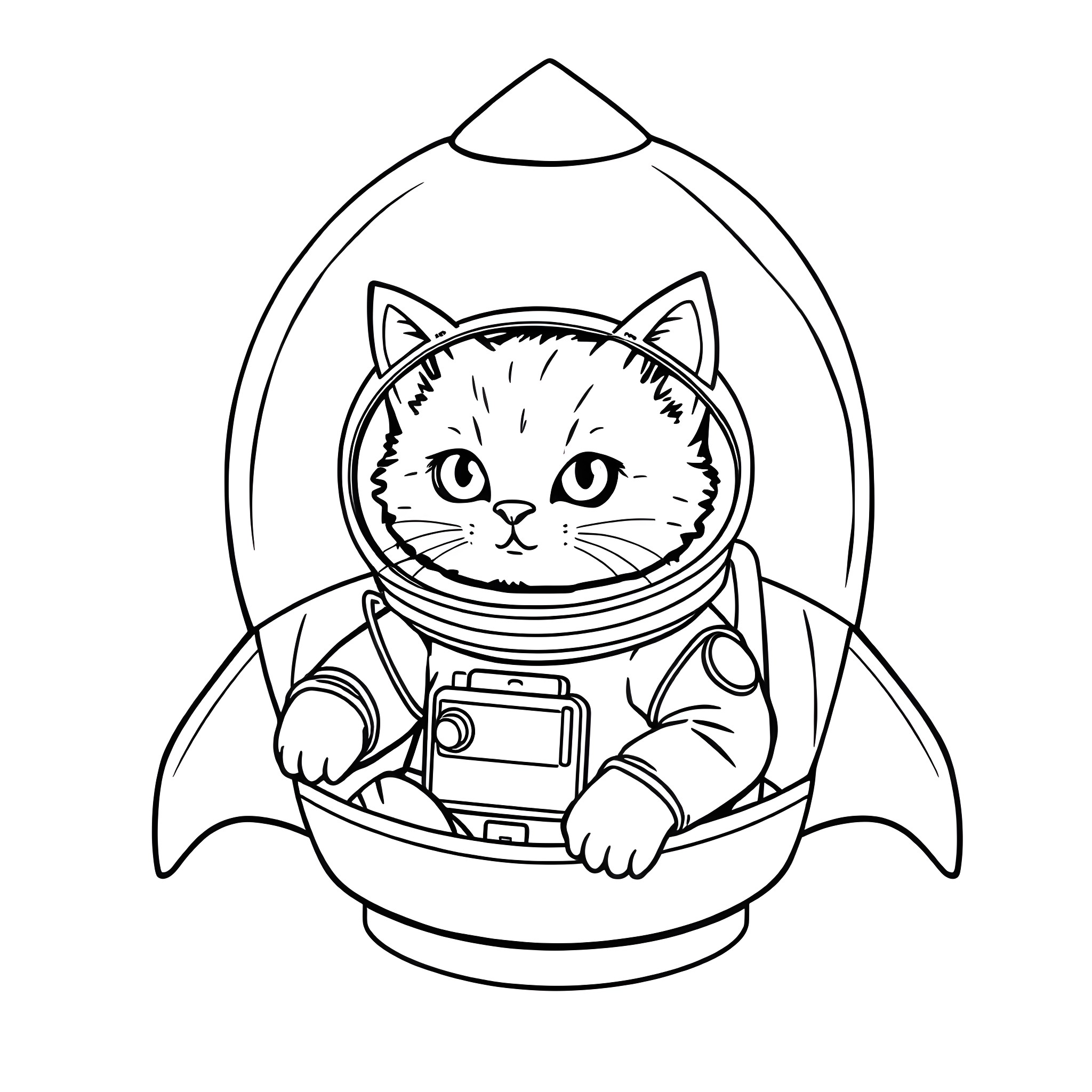 Kitty astronaut in a rocket ship Coloring Page (free black-and-white line drawing printable PDF for all, from beginners to advanced learners, including children, teens, adults, and seniors)