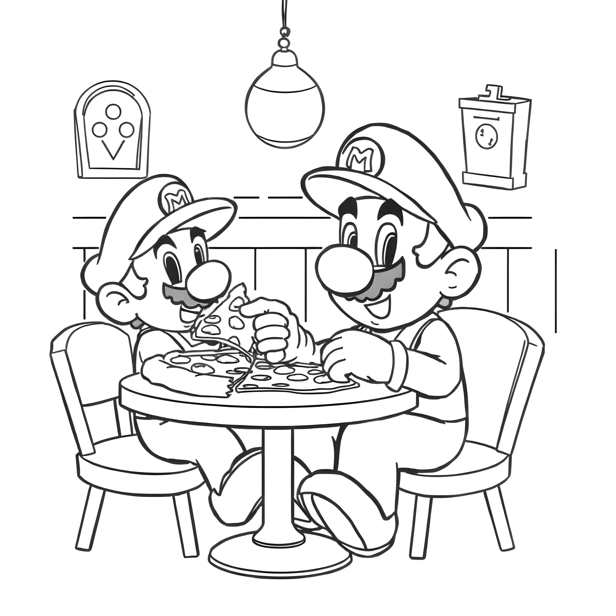 Super Mario Brothers Enjoying Pizza Together Coloring Page (free black-and-white line drawing printable PDF for all, from beginners to advanced learners, including children, teens, adults, and seniors)