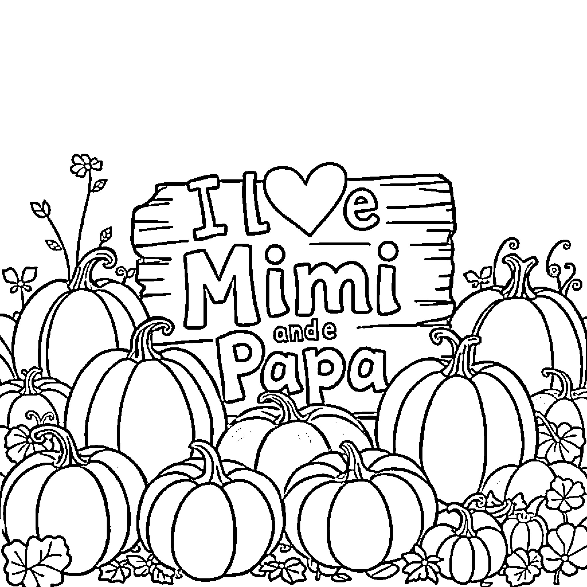 Pumpkins and floral message for Mimi and Papa Coloring Page (free black-and-white line drawing printable PDF for all, from beginners to advanced learners, including children, teens, adults, and seniors)