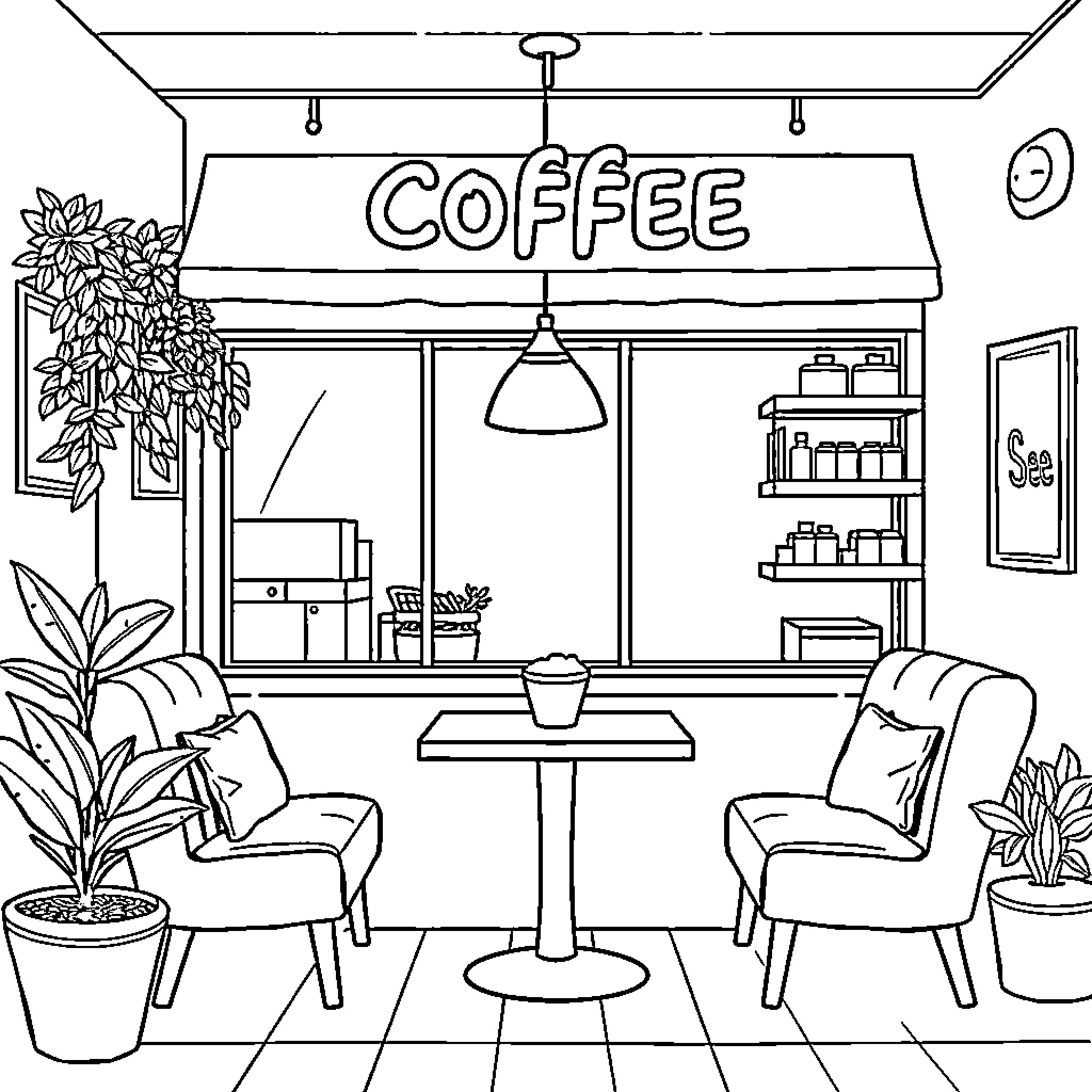 Coffee Shop Interior with Cozy Seating and Decor Coloring Page (free black-and-white line drawing printable PDF for all, from beginners to advanced learners, including children, teens, adults, and seniors)