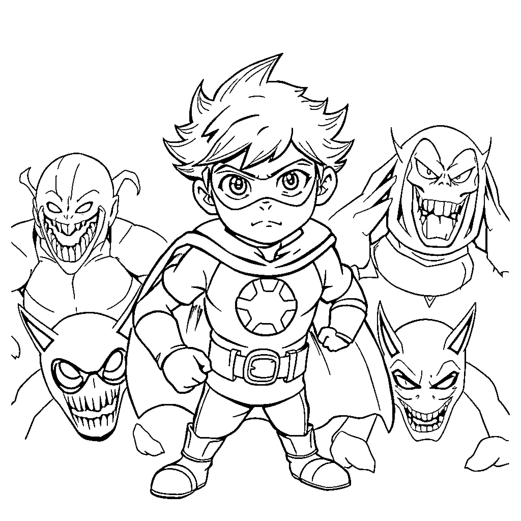 Deku surrounded by villainous characters Coloring Page (free black-and-white line drawing printable PDF for all, from beginners to advanced learners, including children, teens, adults, and seniors)