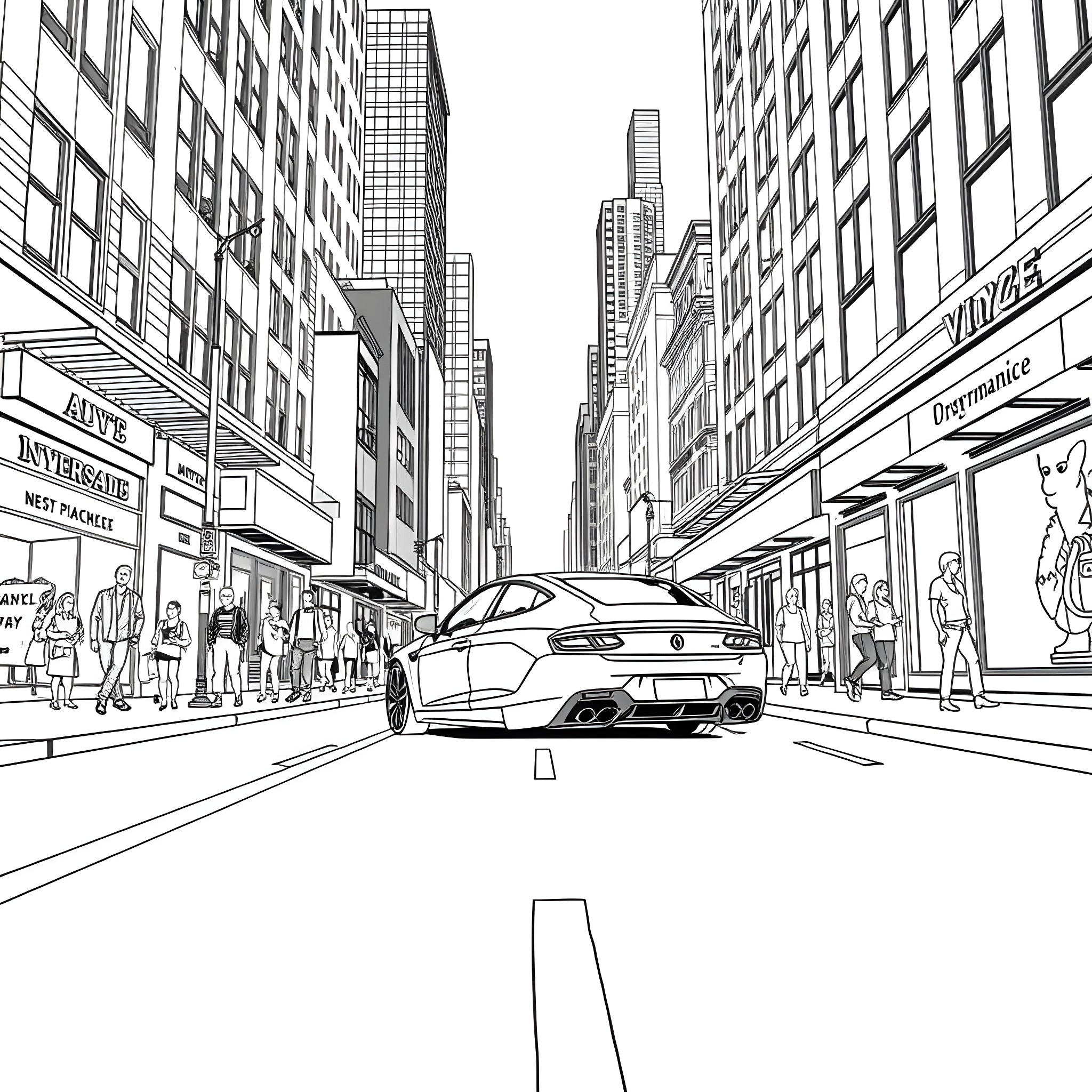 Car driving through busy city street Coloring Page (free black-and-white line drawing printable PDF for all, from beginners to advanced learners, including children, teens, adults, and seniors)