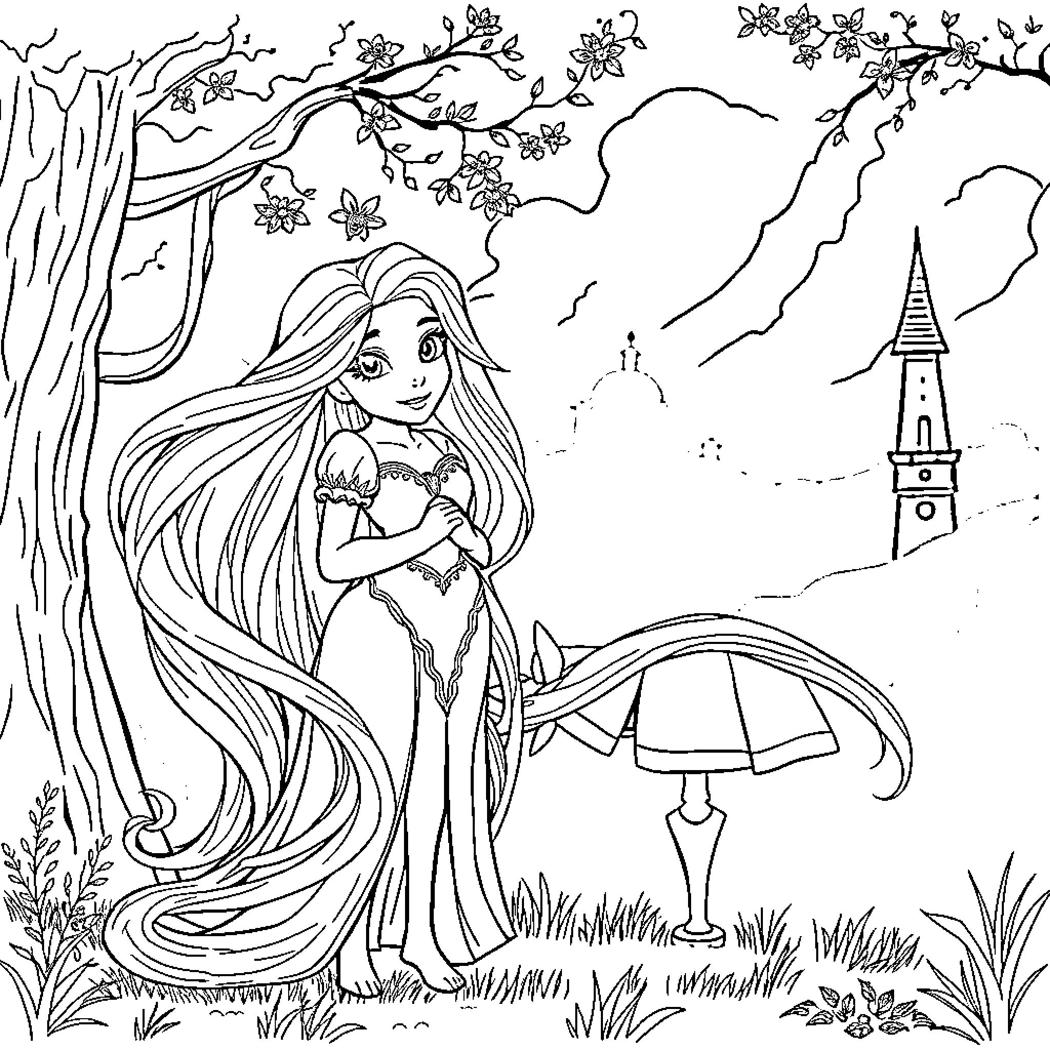 Rapunzel explores the enchanted forest with her umbrella Coloring Page (free black-and-white line drawing printable PDF for all, from beginners to advanced learners, including children, teens, adults, and seniors)