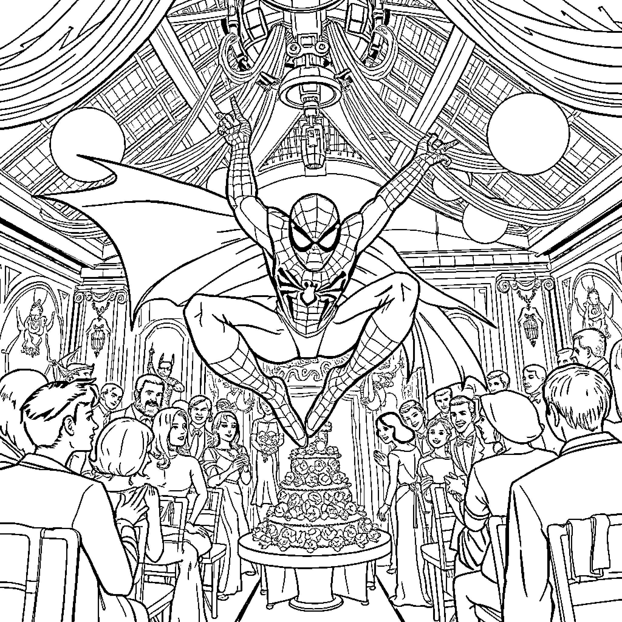 Spider-Man swinging above a lively party scene Coloring Page (free black-and-white line drawing printable PDF for all, from beginners to advanced learners, including children, teens, adults, and seniors)