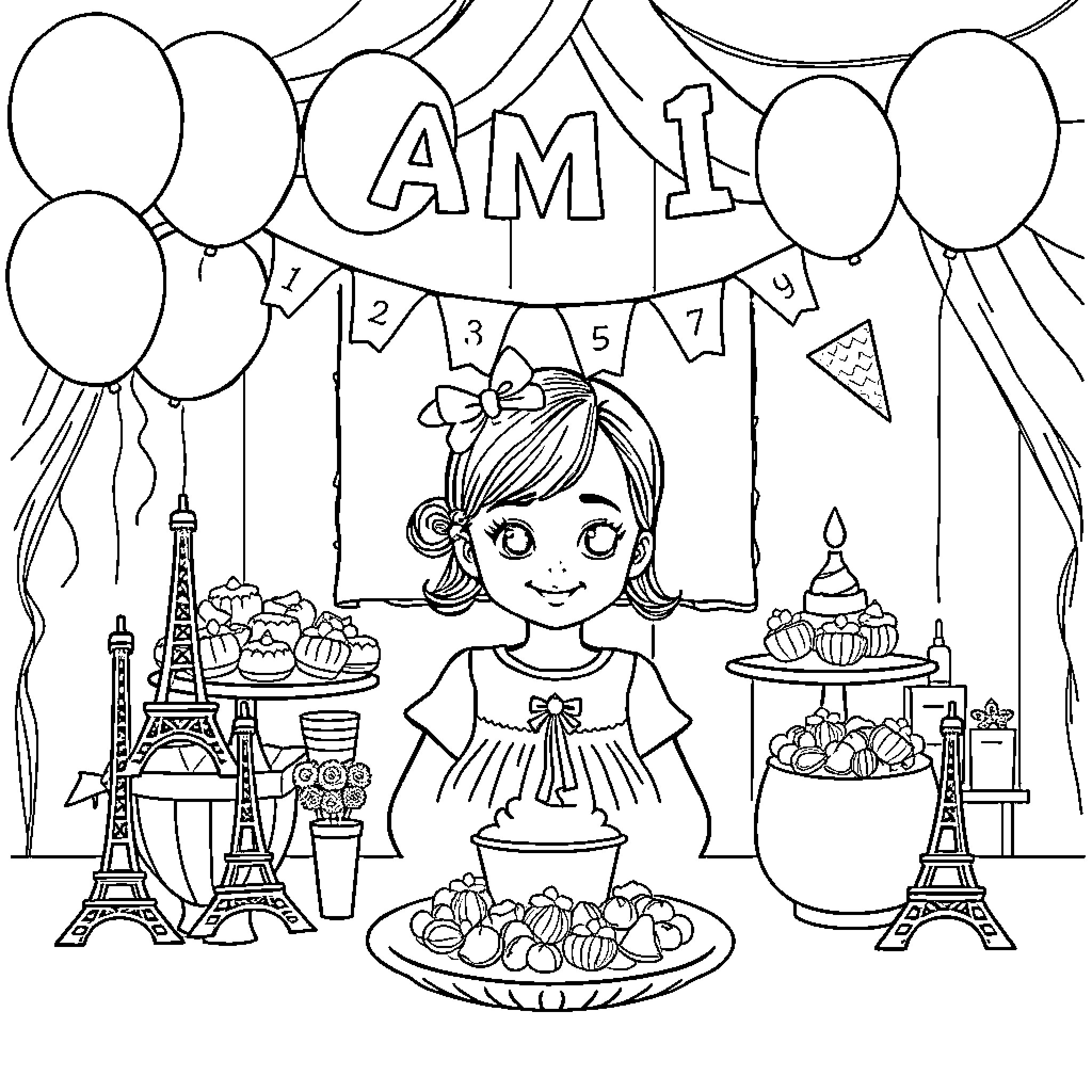 Ami's First Birthday Party Celebration Coloring Page (free black-and-white line drawing printable PDF for all, from beginners to advanced learners, including children, teens, adults, and seniors)