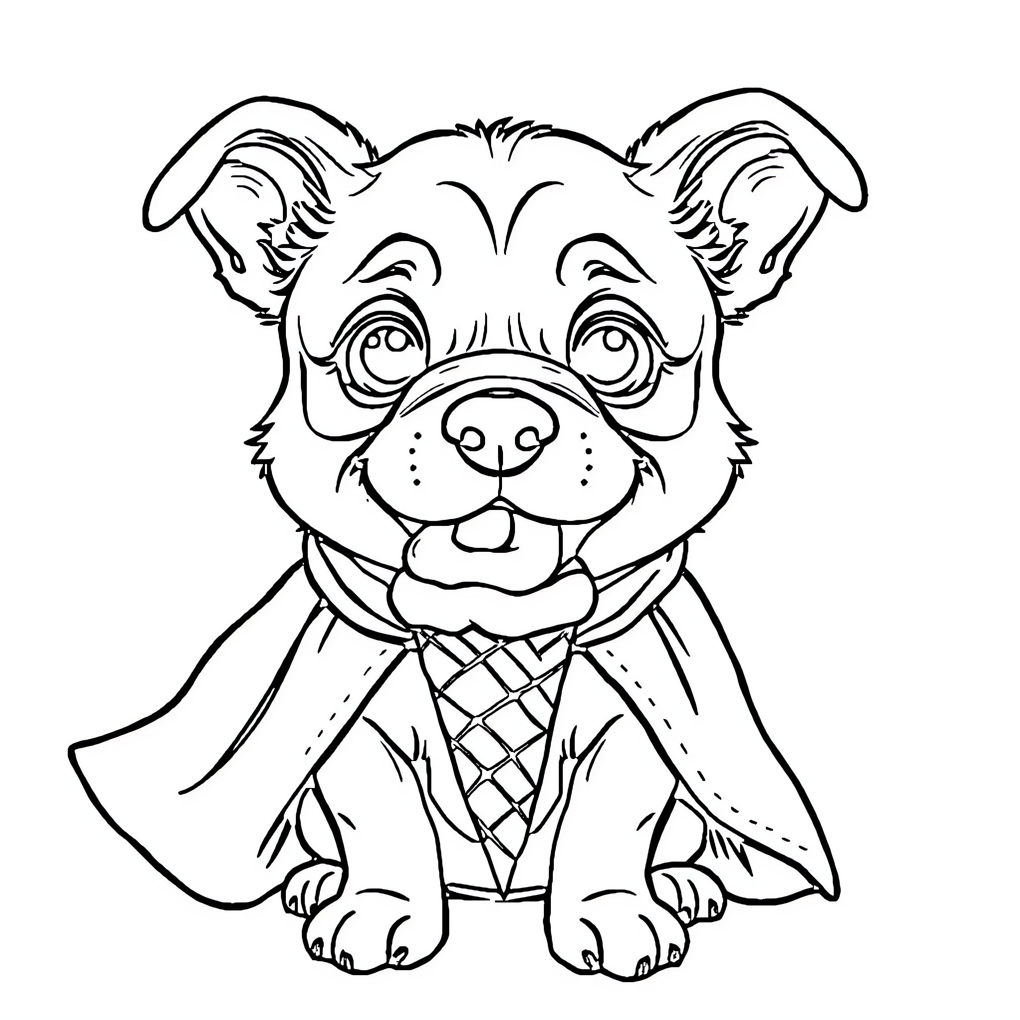 Dog wearing a colorful scarf sitting happily Coloring Page (free black-and-white line drawing printable PDF for all, from beginners to advanced learners, including children, teens, adults, and seniors)