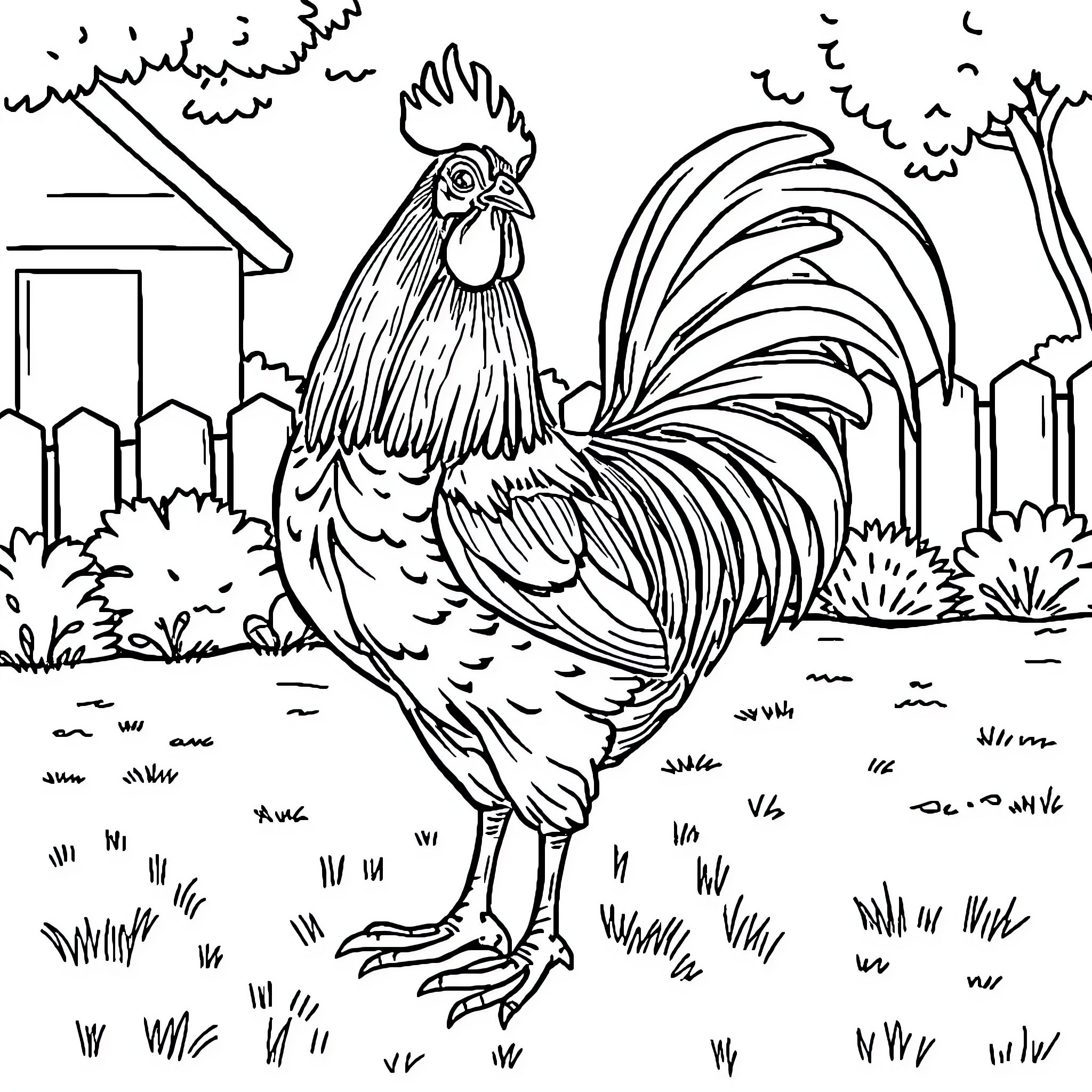 Rooster crowing proudly in a rural setting Coloring Page (free black-and-white line drawing printable PDF for all, from beginners to advanced learners, including children, teens, adults, and seniors)