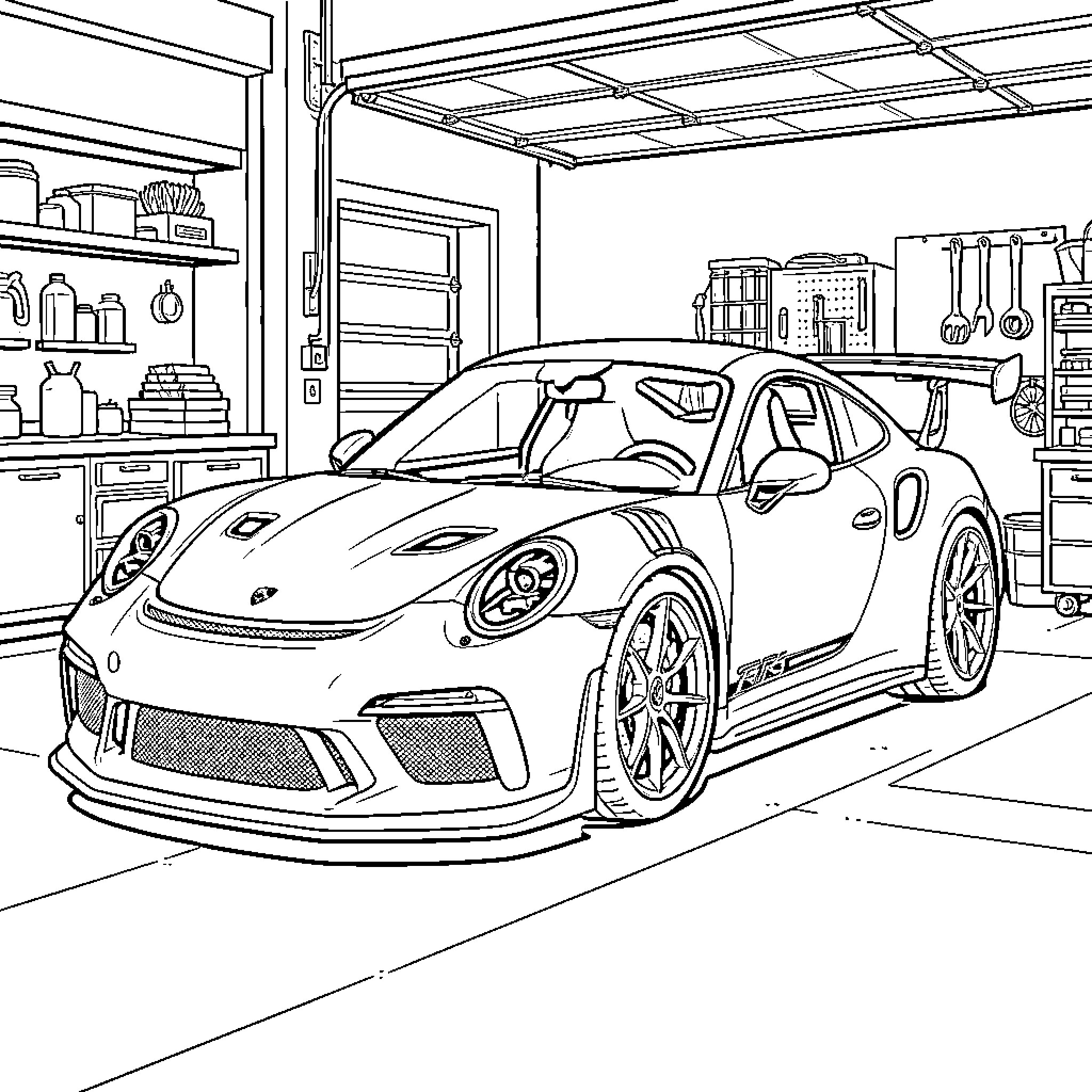Porsche parked inside a well equipped garage Coloring Page (free black-and-white line drawing printable PDF for all, from beginners to advanced learners, including children, teens, adults, and seniors)