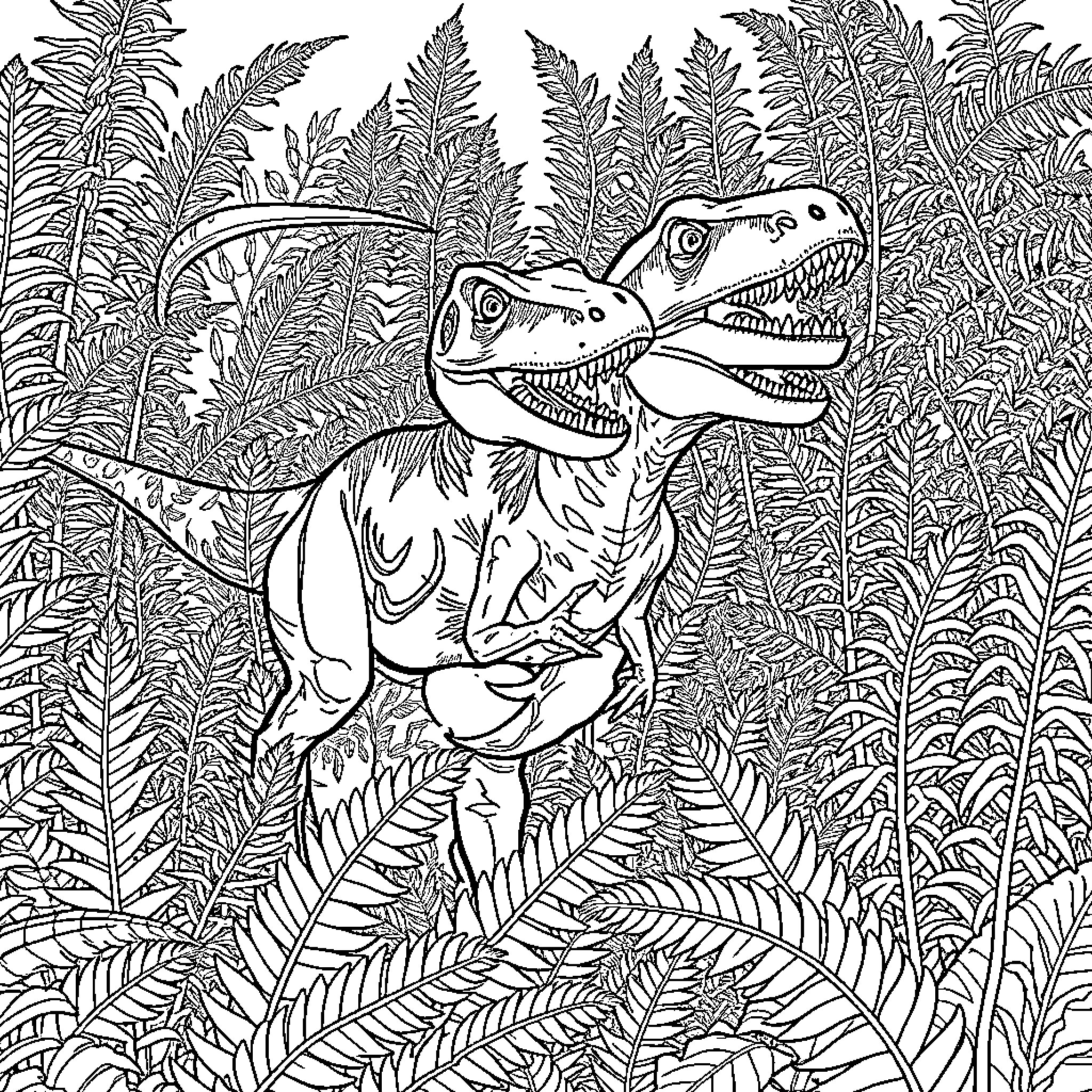 Velociraptor duo exploring lush prehistoric landscape Coloring Page (free black-and-white line drawing printable PDF for all, from beginners to advanced learners, including children, teens, adults, and seniors)