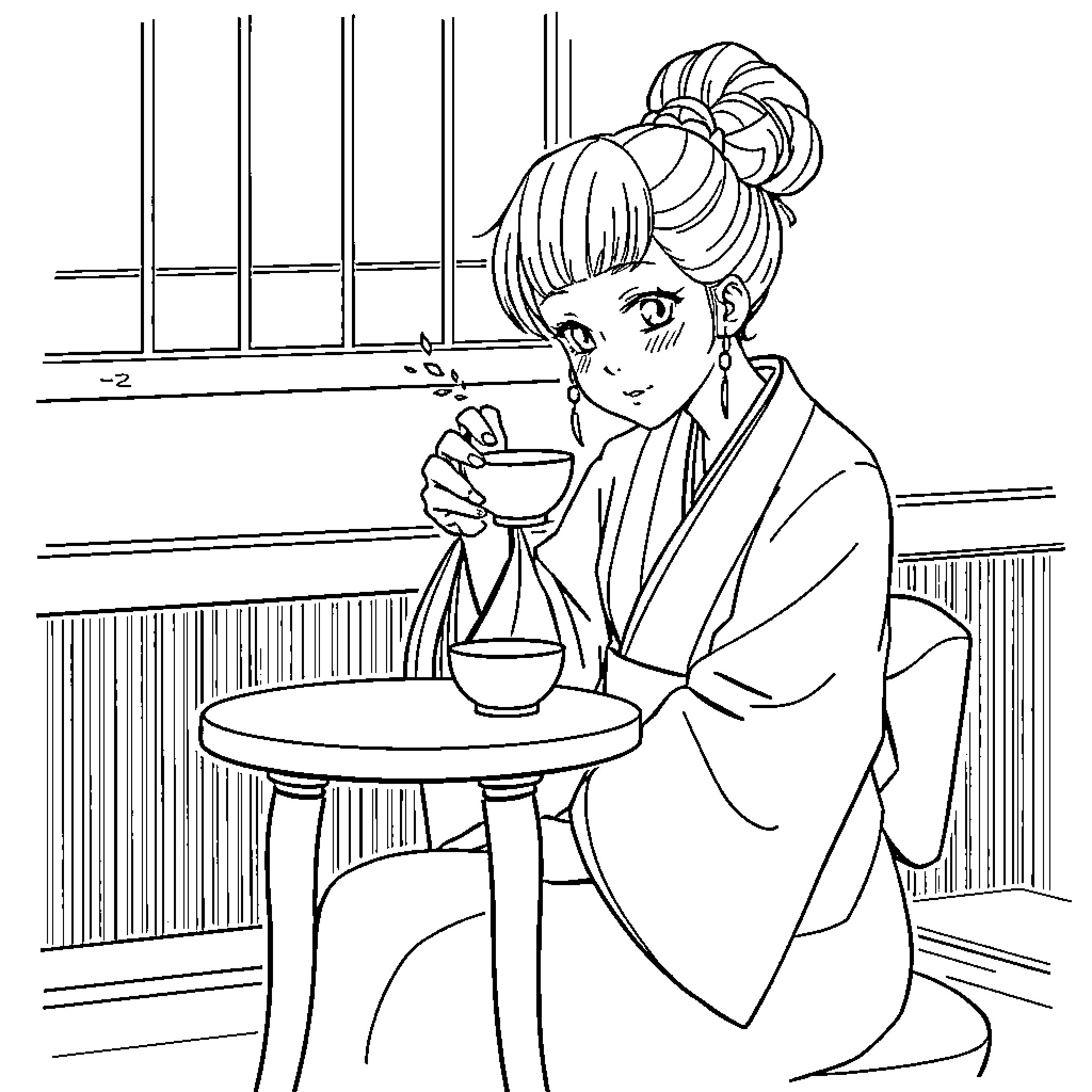 Korekiyo Shinguji enjoying a warm beverage in a cozy setting Coloring Page (free black-and-white line drawing printable PDF for all, from beginners to advanced learners, including children, teens, adults, and seniors)