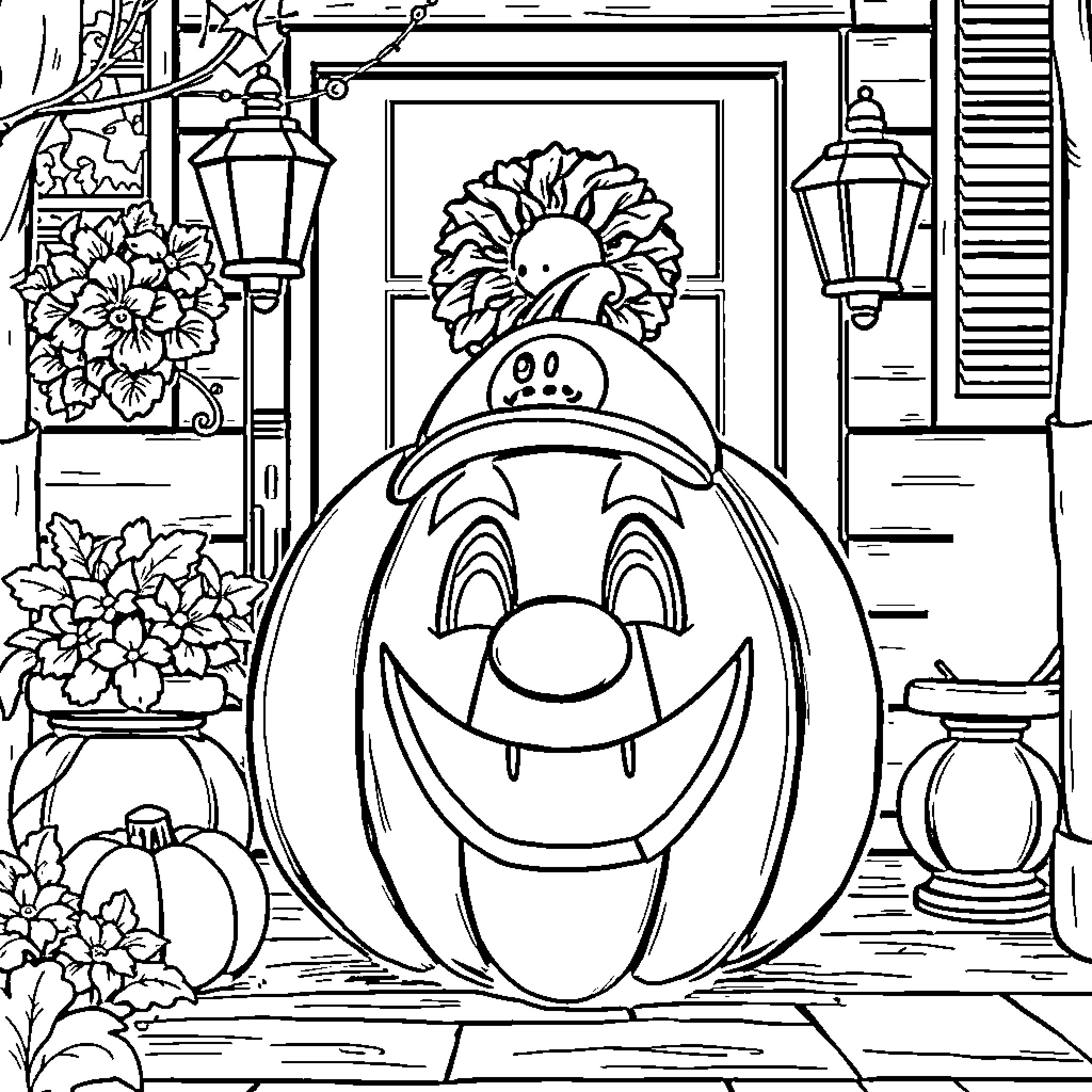 Pumpkin with whimsical expression on porch Coloring Page (free black-and-white line drawing printable PDF for all, from beginners to advanced learners, including children, teens, adults, and seniors)