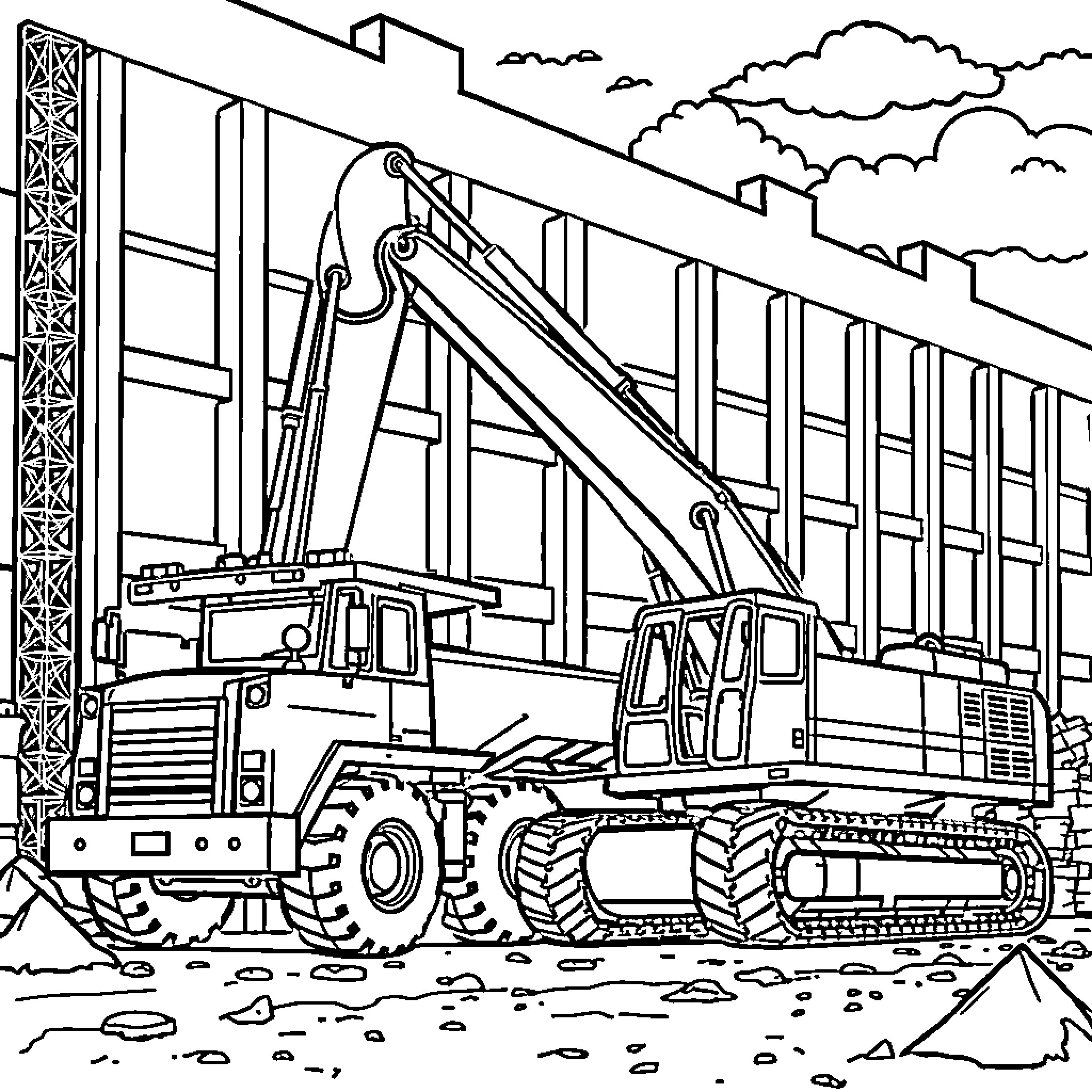 Construction Vehicle Operating on Construction Site Coloring Page (free black-and-white line drawing printable PDF for all, from beginners to advanced learners, including children, teens, adults, and seniors)