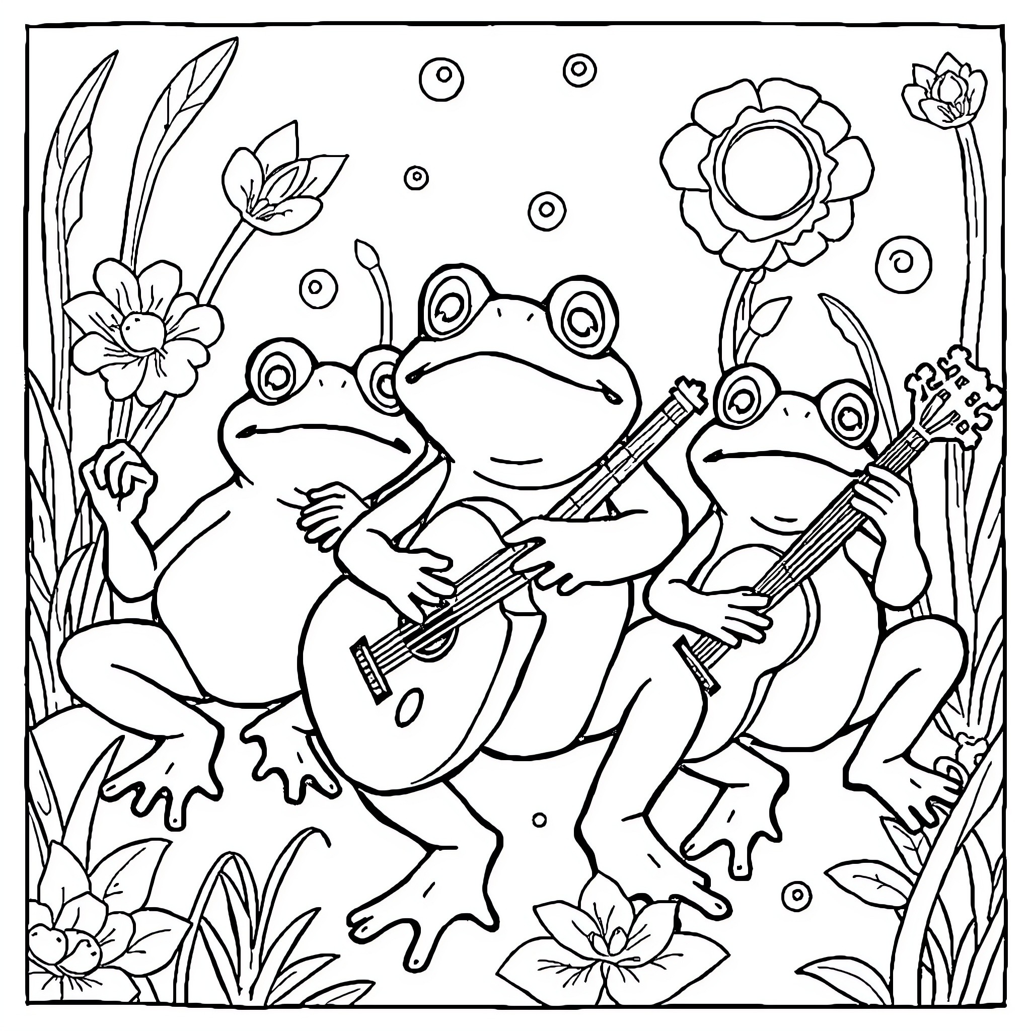 Frog musicians playing instruments in nature Coloring Page (free black-and-white line drawing printable PDF for all, from beginners to advanced learners, including children, teens, adults, and seniors)