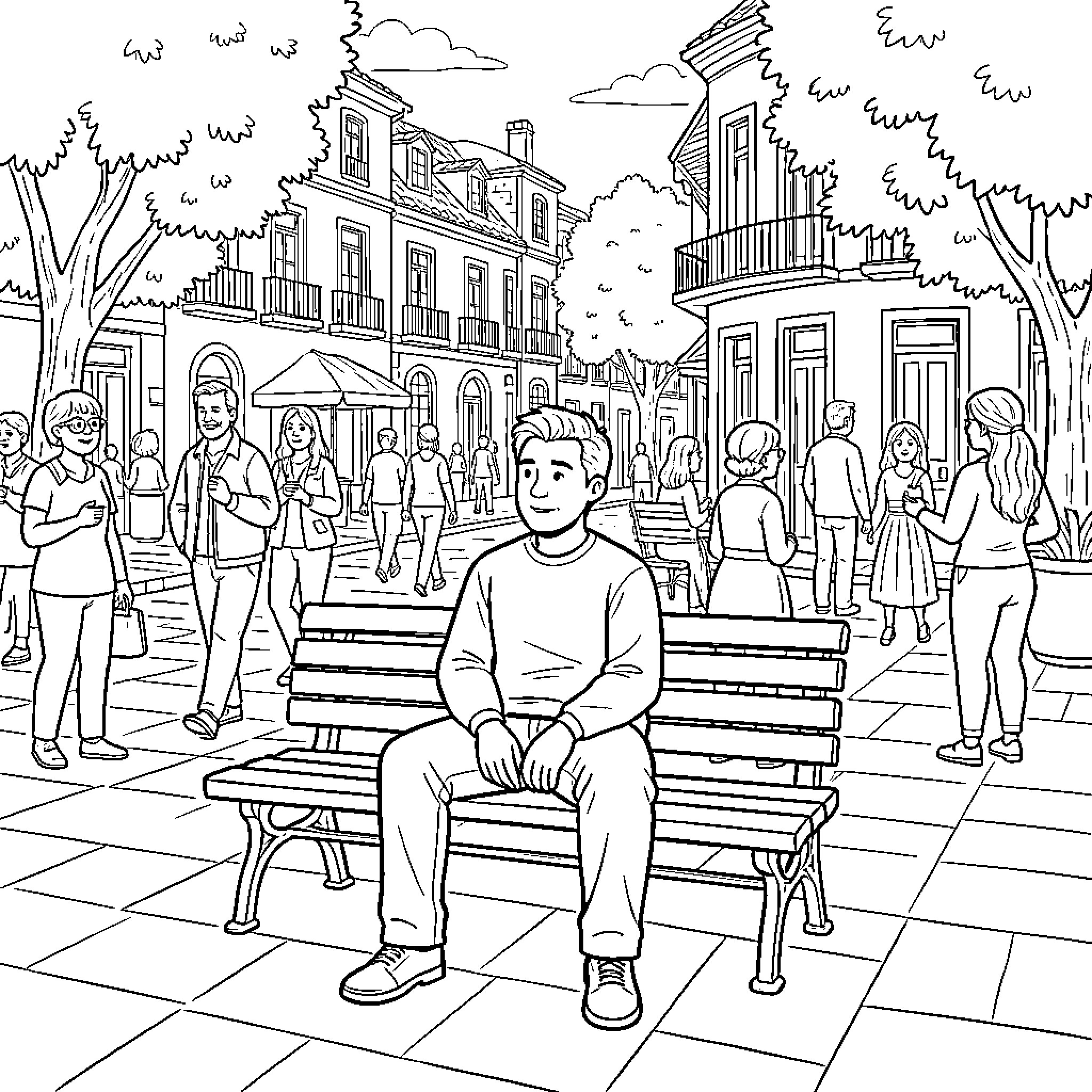 Hombre sitting on a park bench amidst people Coloring Page (free black-and-white line drawing printable PDF for all, from beginners to advanced learners, including children, teens, adults, and seniors)