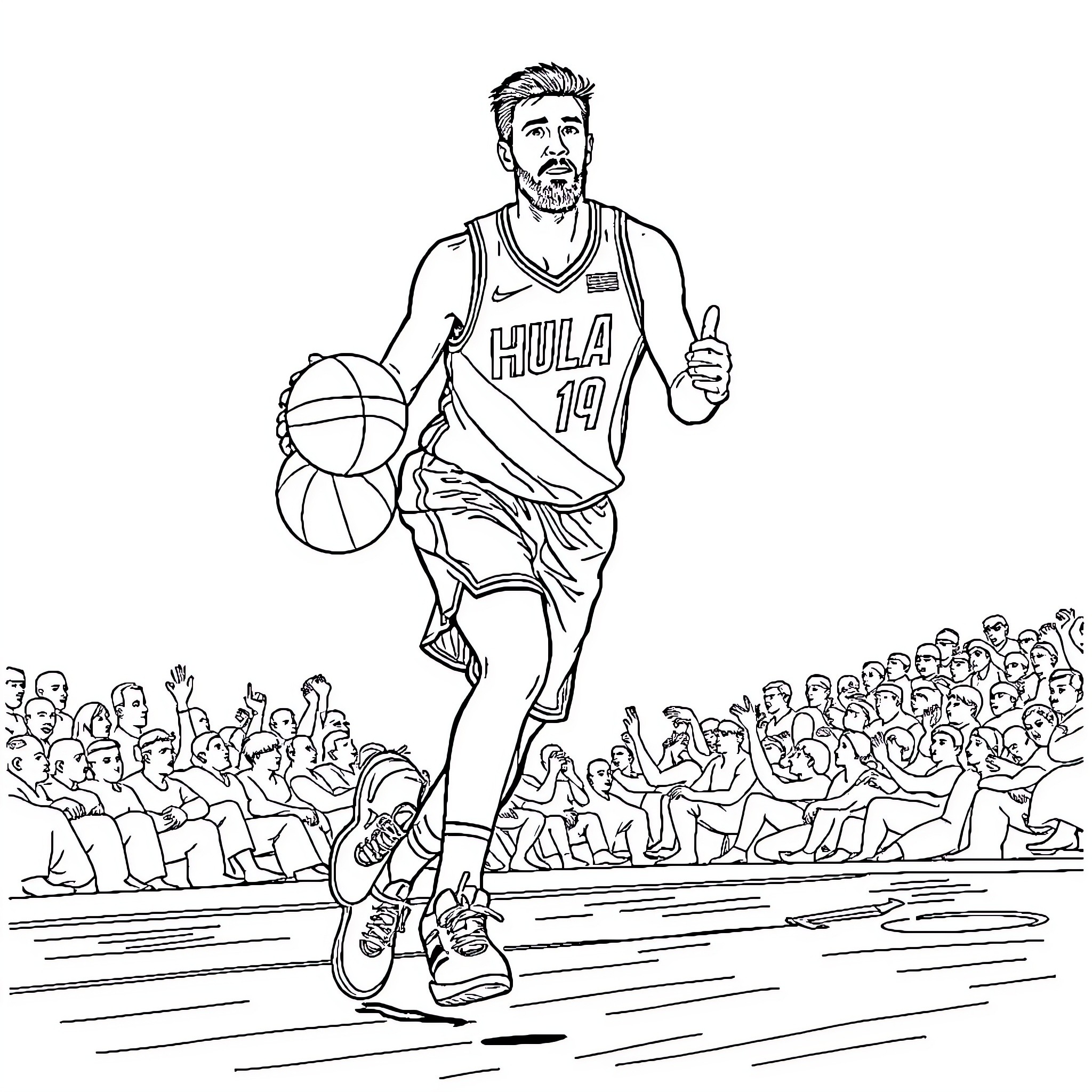 Nikola Jokic Celebrating Basketball Victory Coloring Page (free black-and-white line drawing printable PDF for all, from beginners to advanced learners, including children, teens, adults, and seniors)