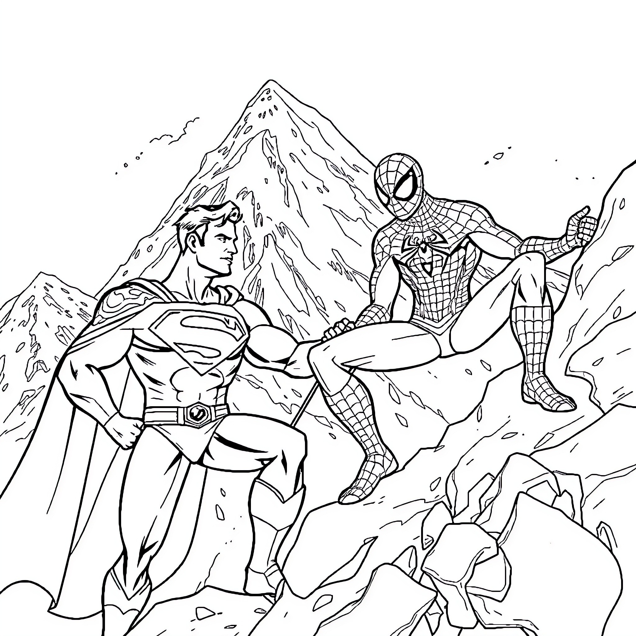 Superhero duo facing epic challenge in rugged terrain Coloring Page (free black-and-white line drawing printable PDF for all, from beginners to advanced learners, including children, teens, adults, and seniors)