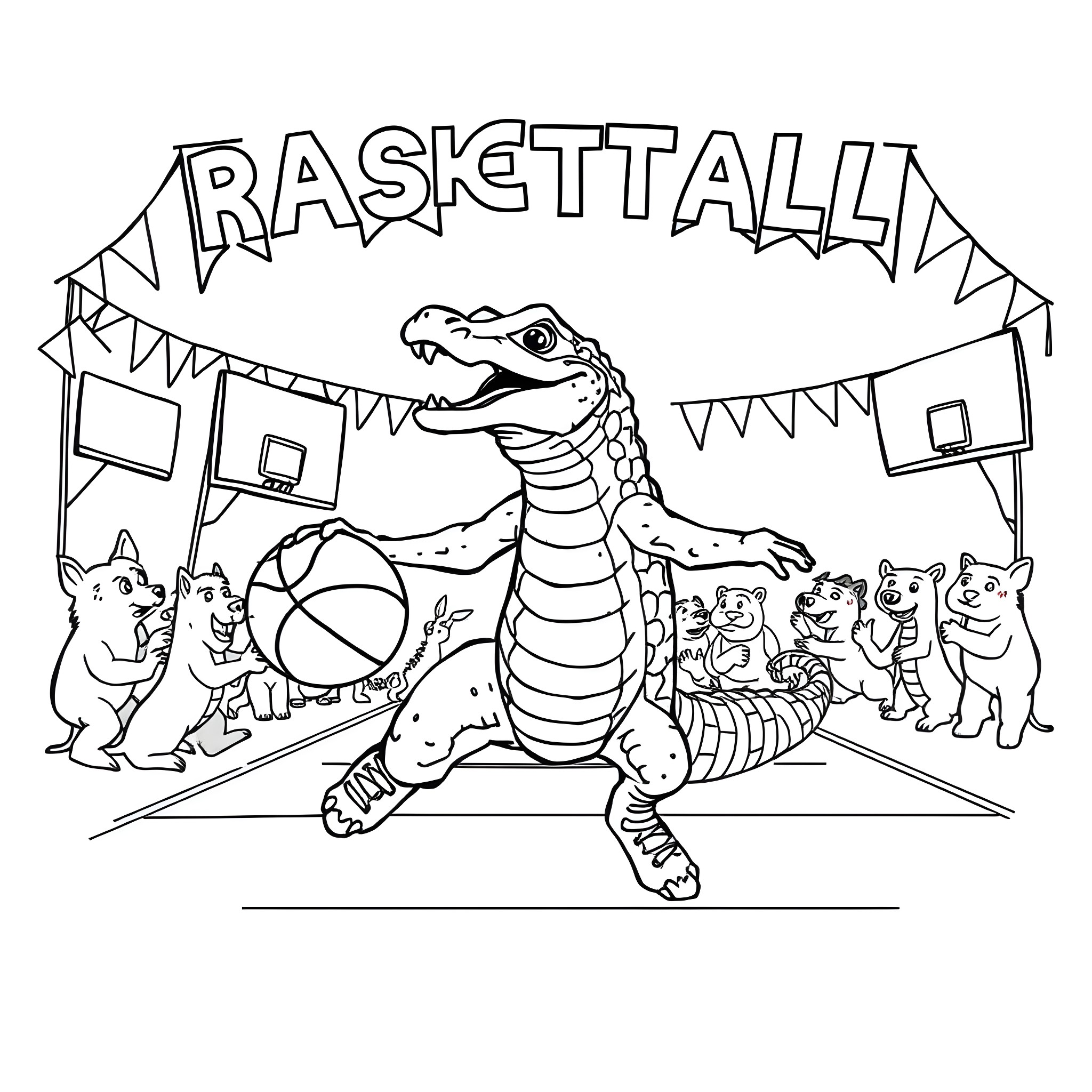 Anaconda playing basketball with cute animals Coloring Page (free black-and-white line drawing printable PDF for all, from beginners to advanced learners, including children, teens, adults, and seniors)