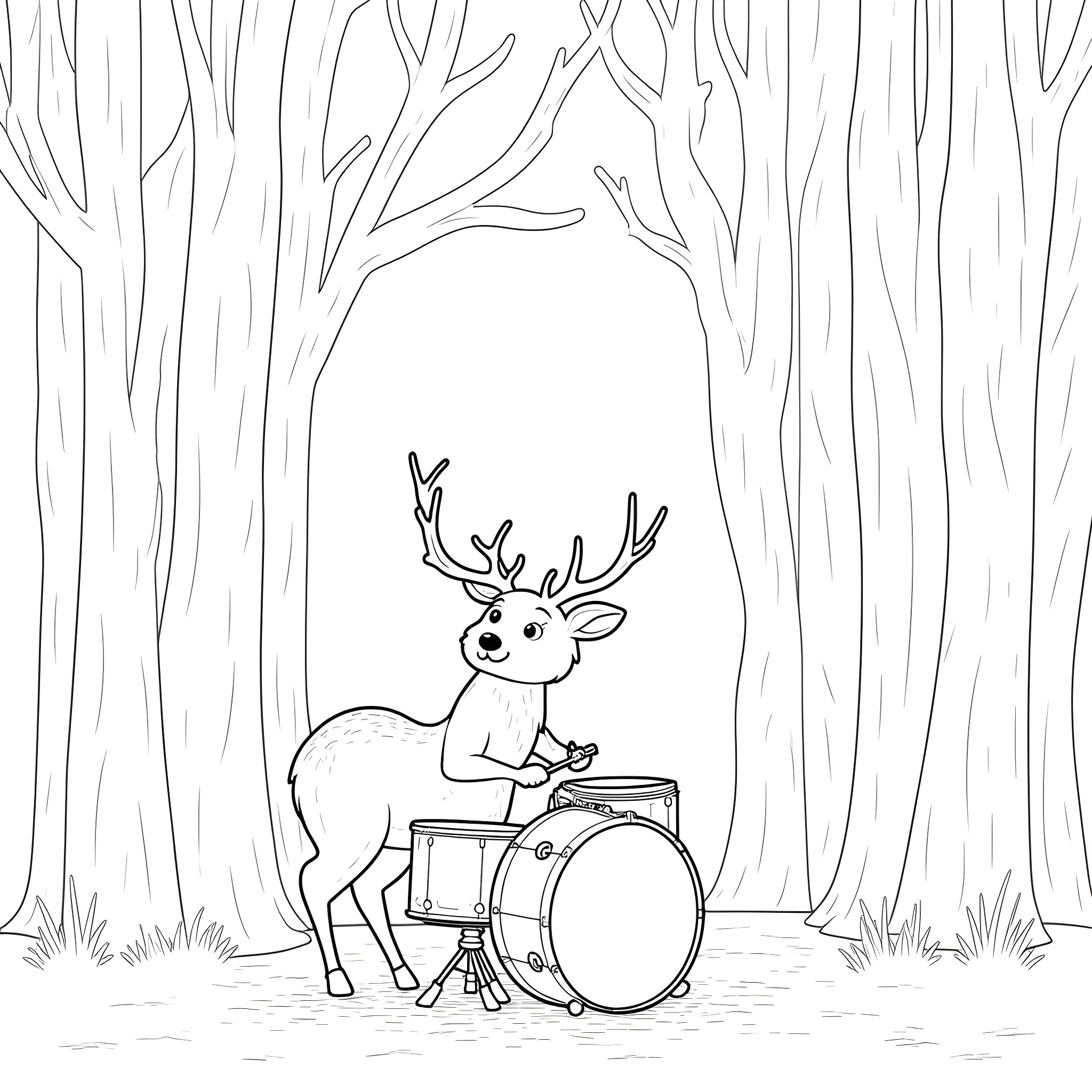 Deer playing the drums in the forest Coloring Page (free black-and-white line drawing printable PDF for all, from beginners to advanced learners, including children, teens, adults, and seniors)