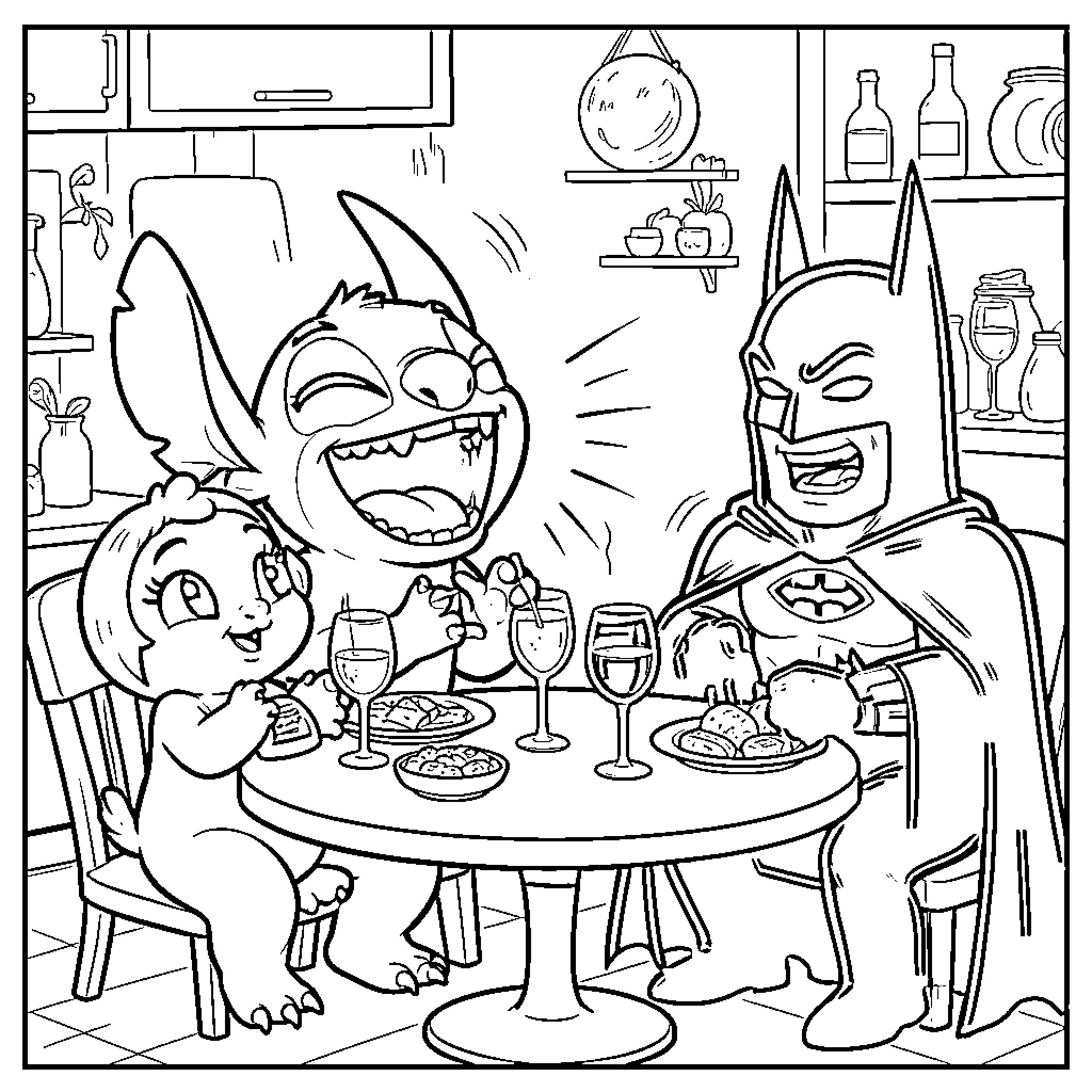 Stitch and Batman Enjoying a Meal Together Coloring Page (free black-and-white line drawing printable PDF for all, from beginners to advanced learners, including children, teens, adults, and seniors)