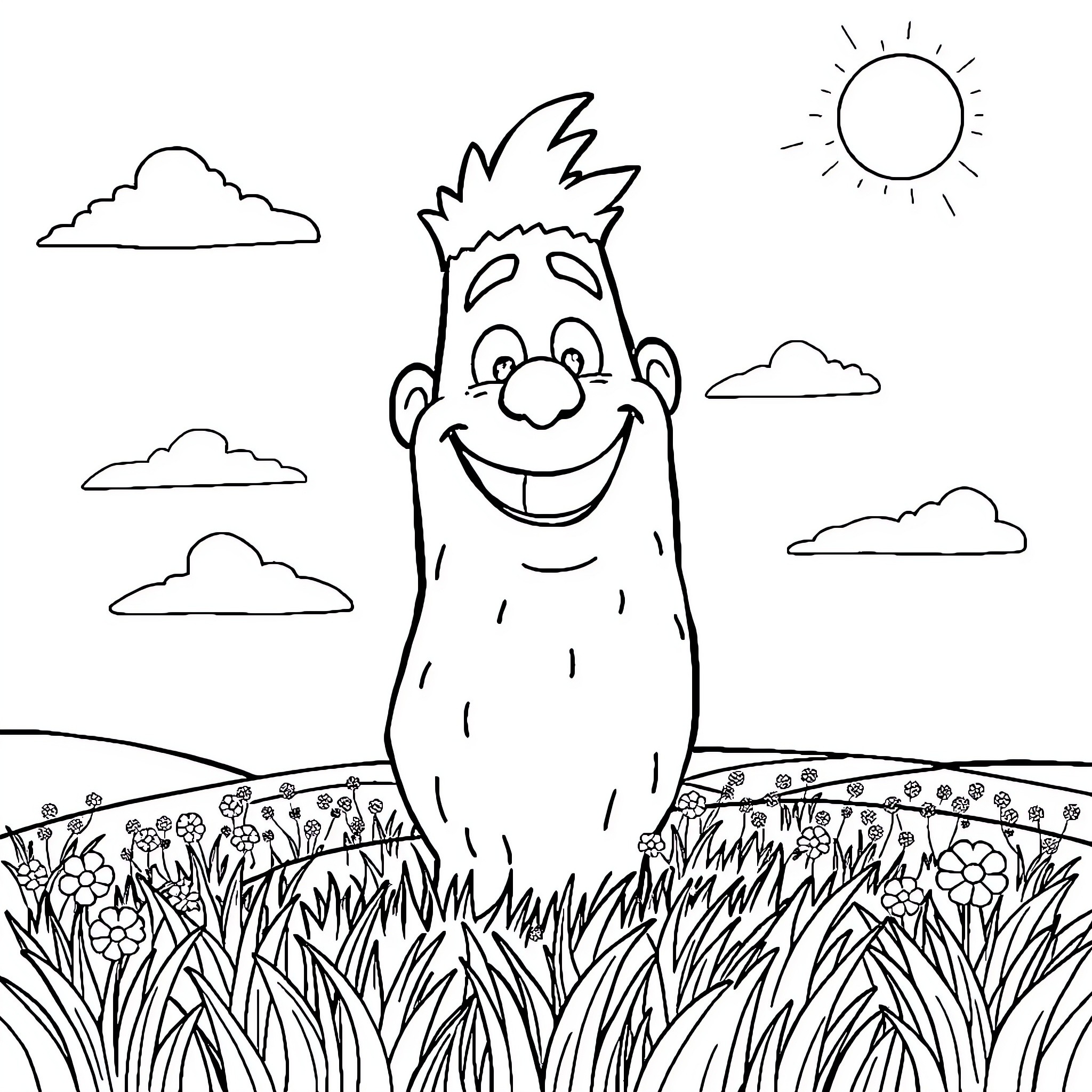 Giant Friendly Monster in Sunny Meadow Coloring Page (free black-and-white line drawing printable PDF for all, from beginners to advanced learners, including children, teens, adults, and seniors)