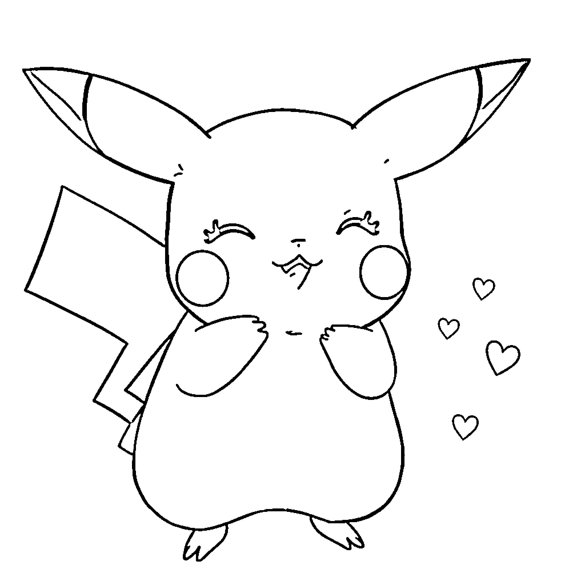 Pikachu expressing affection with hearts Coloring Page (free black-and-white line drawing printable PDF for all, from beginners to advanced learners, including children, teens, adults, and seniors)