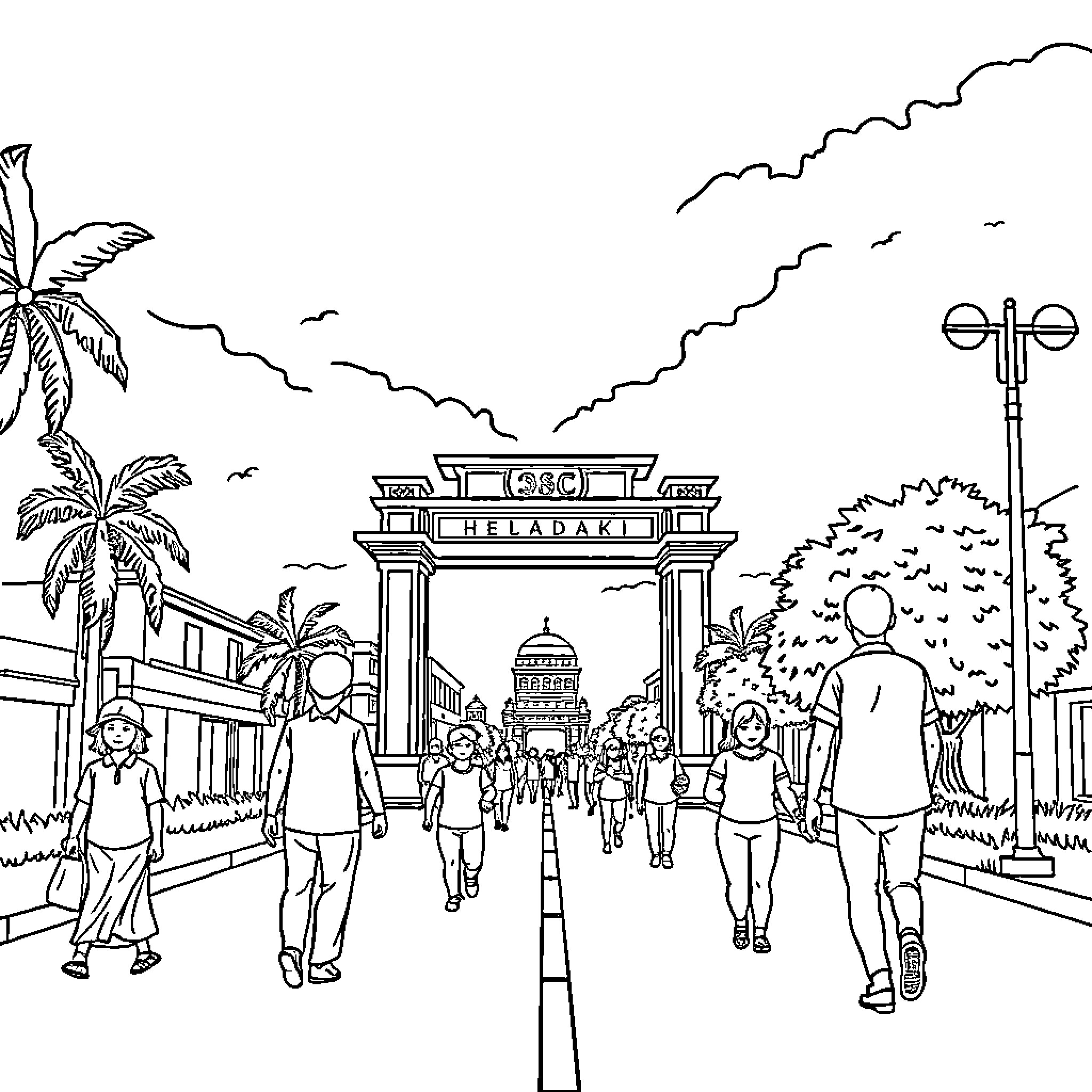 Independence Celebration with Festive Crowds and Landmarks Coloring Page (free black-and-white line drawing printable PDF for all, from beginners to advanced learners, including children, teens, adults, and seniors)