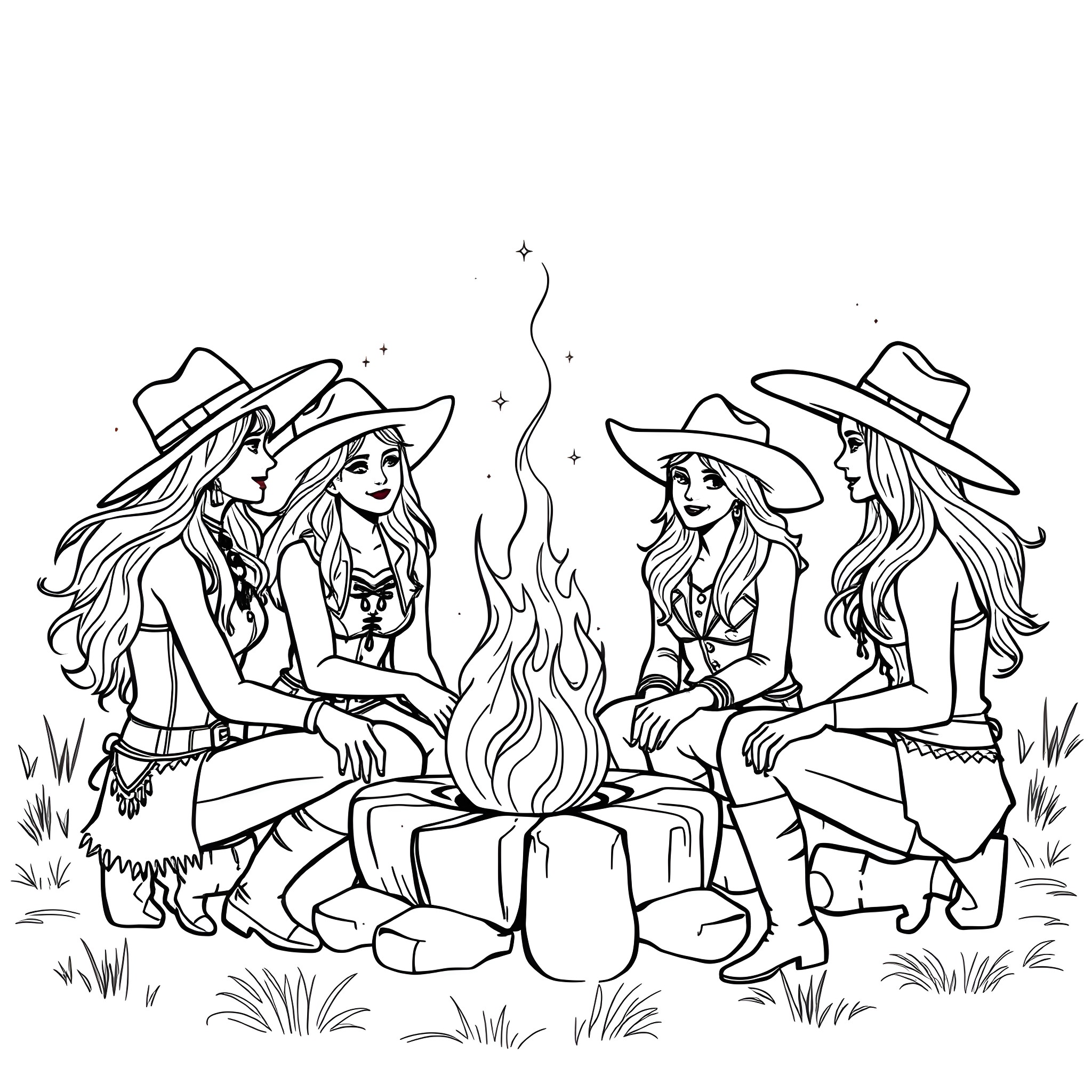 Cowgirls sitting around campfire, enjoying the outdoors Coloring Page (free black-and-white line drawing printable PDF for all, from beginners to advanced learners, including children, teens, adults, and seniors)