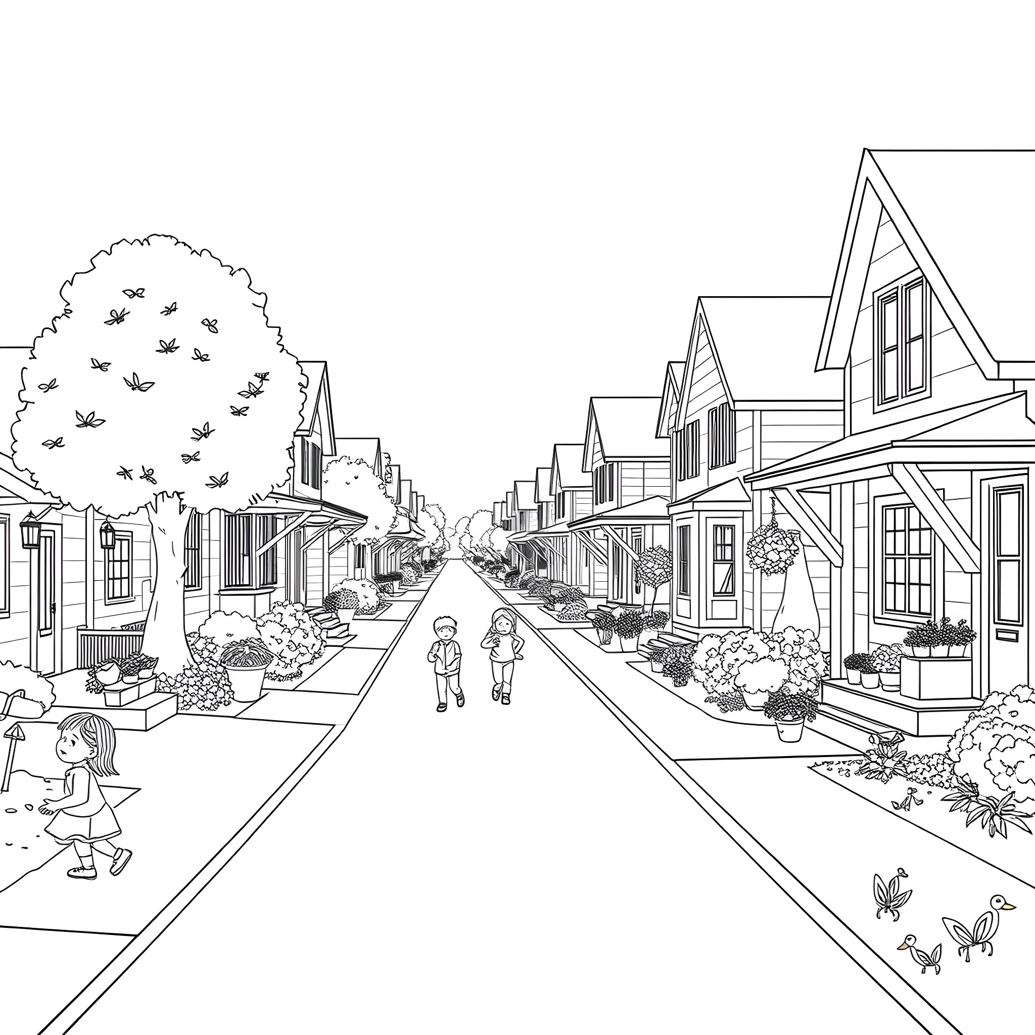 House on a Charming Neighborhood Street Coloring Page (free black-and-white line drawing printable PDF for all, from beginners to advanced learners, including children, teens, adults, and seniors)