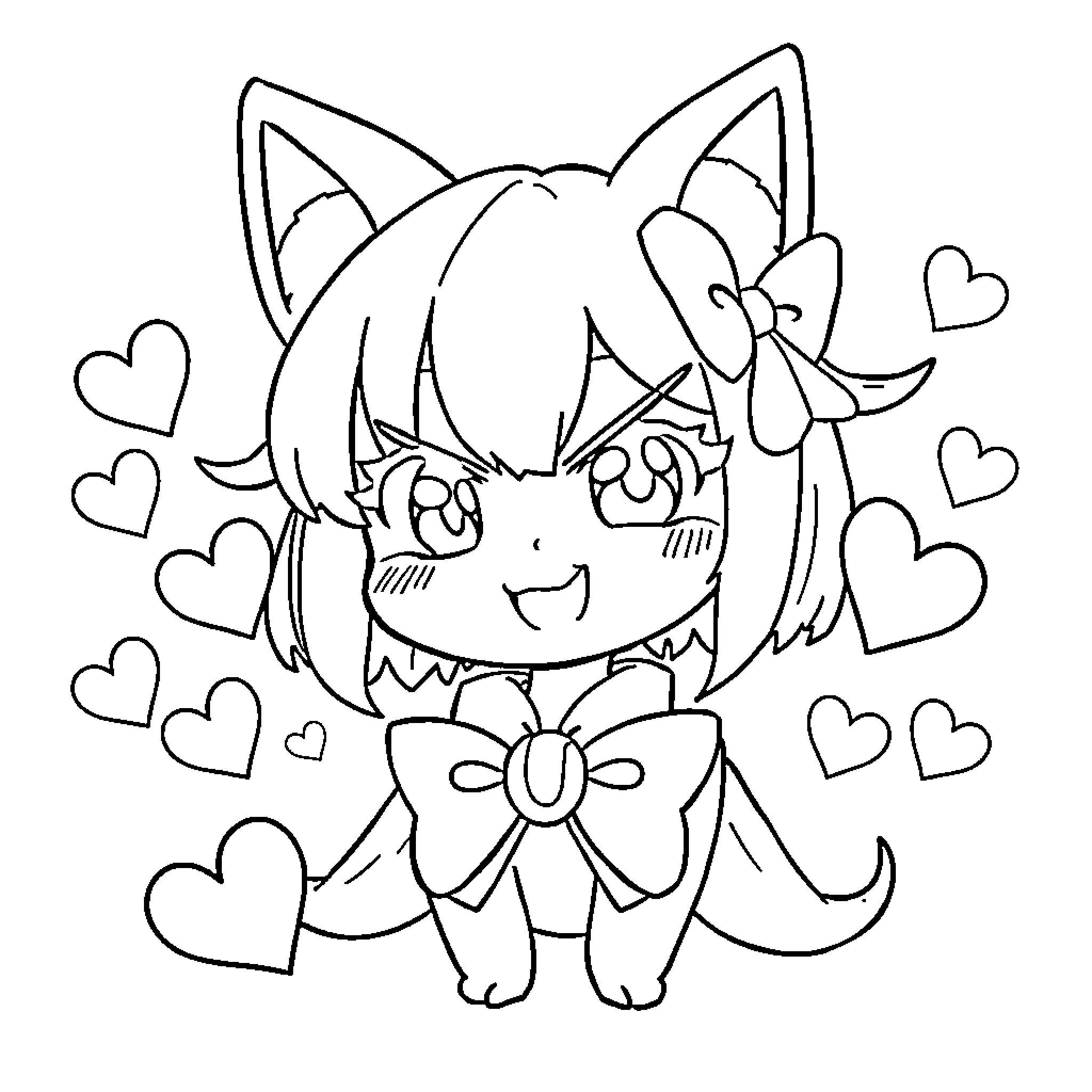 Kuromi surrounded by hearts in a playful expression Coloring Page (free black-and-white line drawing printable PDF for all, from beginners to advanced learners, including children, teens, adults, and seniors)