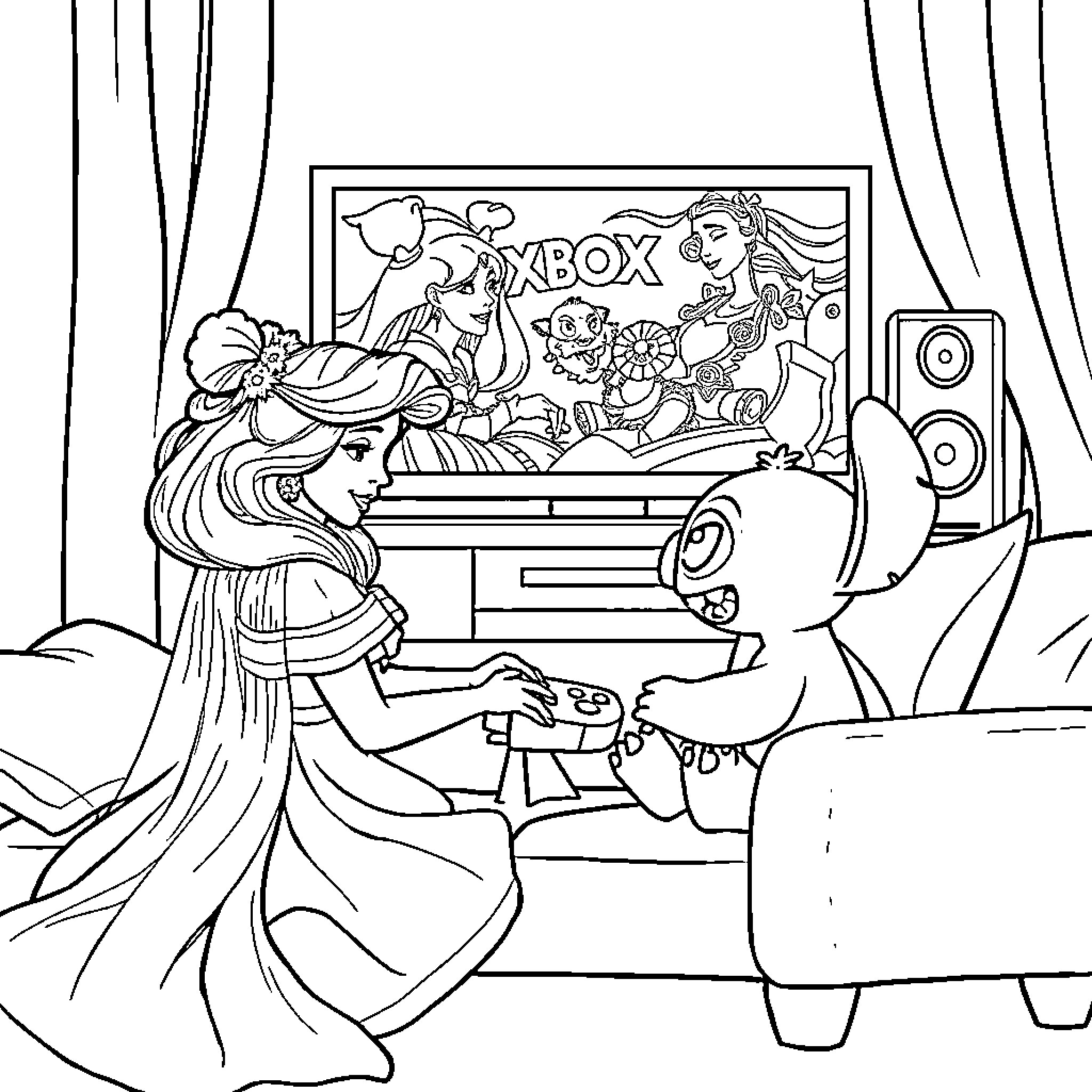 Sleeping Beauty playing video games with her friend Coloring Page (free black-and-white line drawing printable PDF for all, from beginners to advanced learners, including children, teens, adults, and seniors)