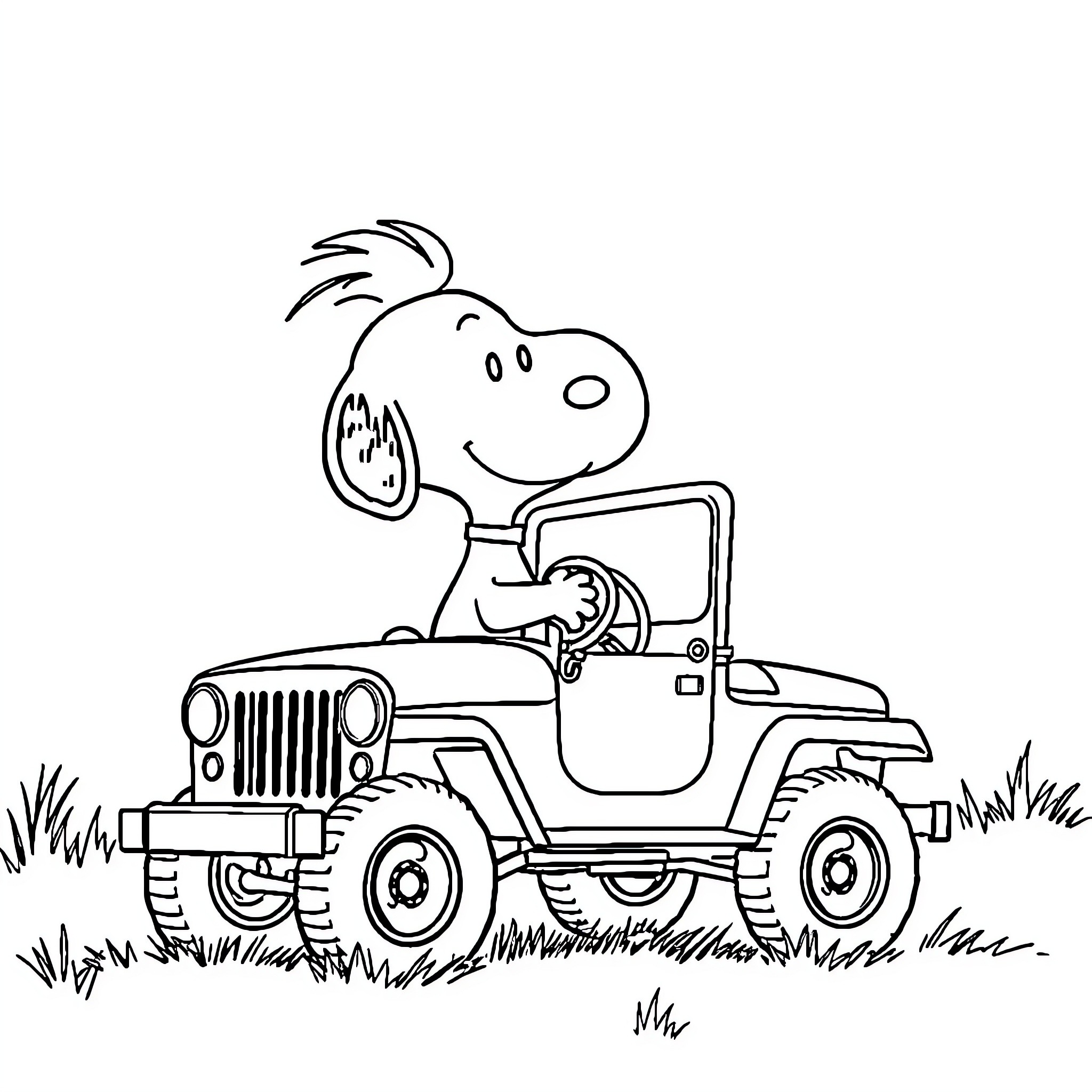 Snoopy driving a jeep through the countryside Coloring Page (free black-and-white line drawing printable PDF for all, from beginners to advanced learners, including children, teens, adults, and seniors)