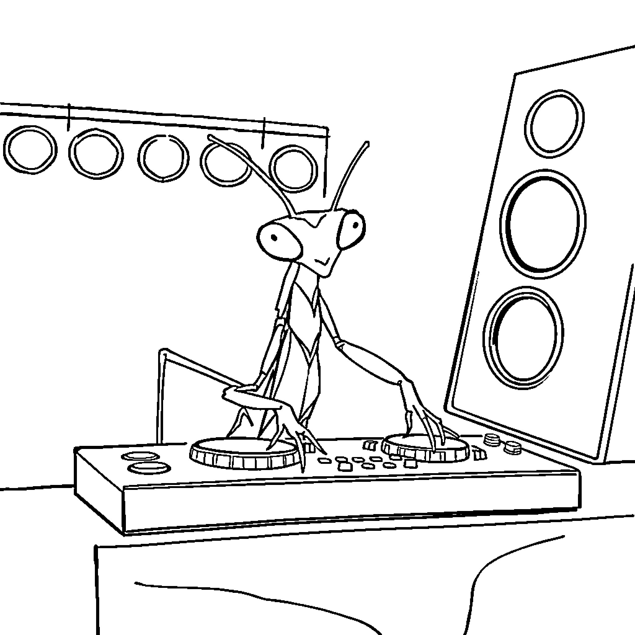 Praying Mantis mixing music on DJ equipment Coloring Page (free black-and-white line drawing printable PDF for all, from beginners to advanced learners, including children, teens, adults, and seniors)