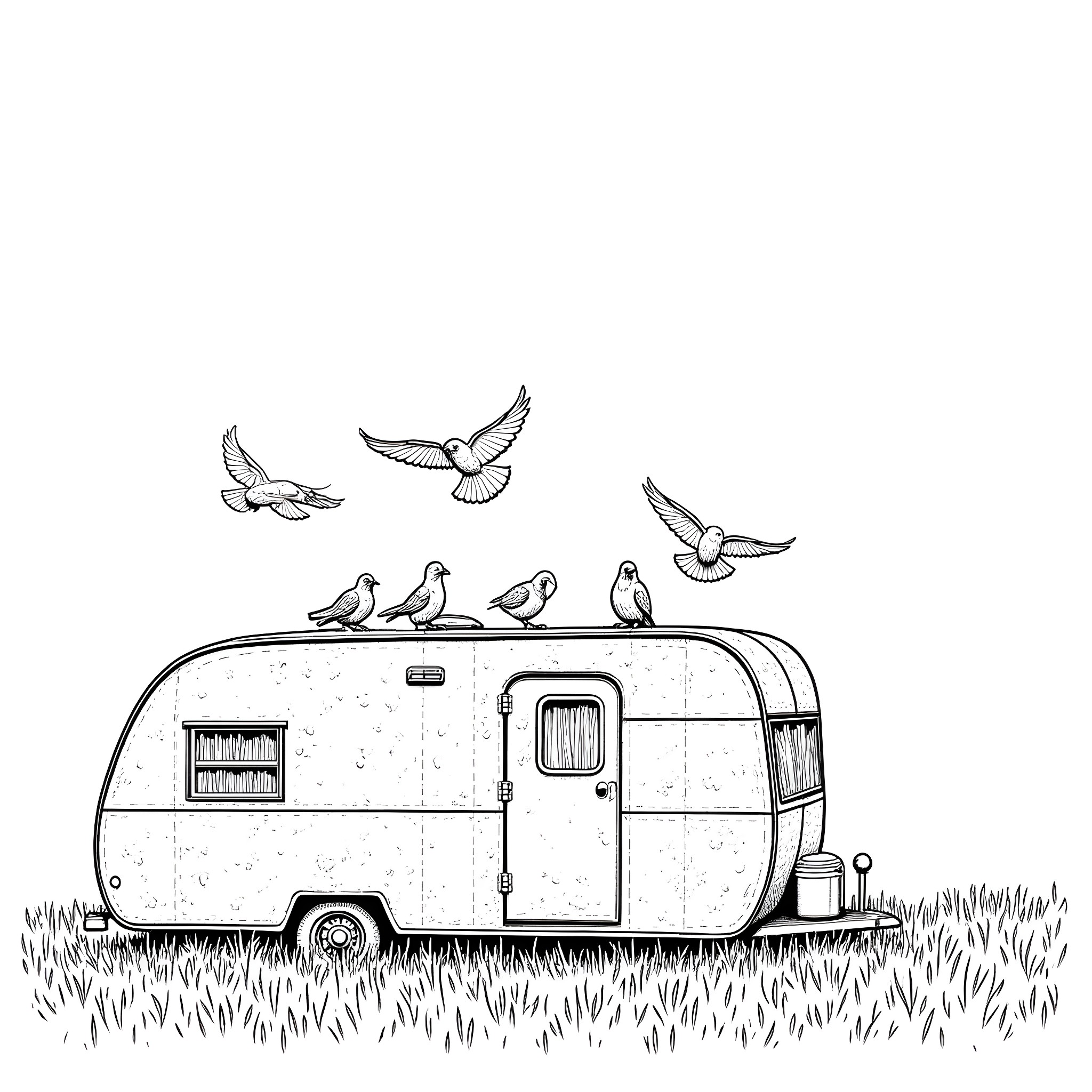 Trailer with birds in a pastoral scene Coloring Page (free black-and-white line drawing printable PDF for all, from beginners to advanced learners, including children, teens, adults, and seniors)