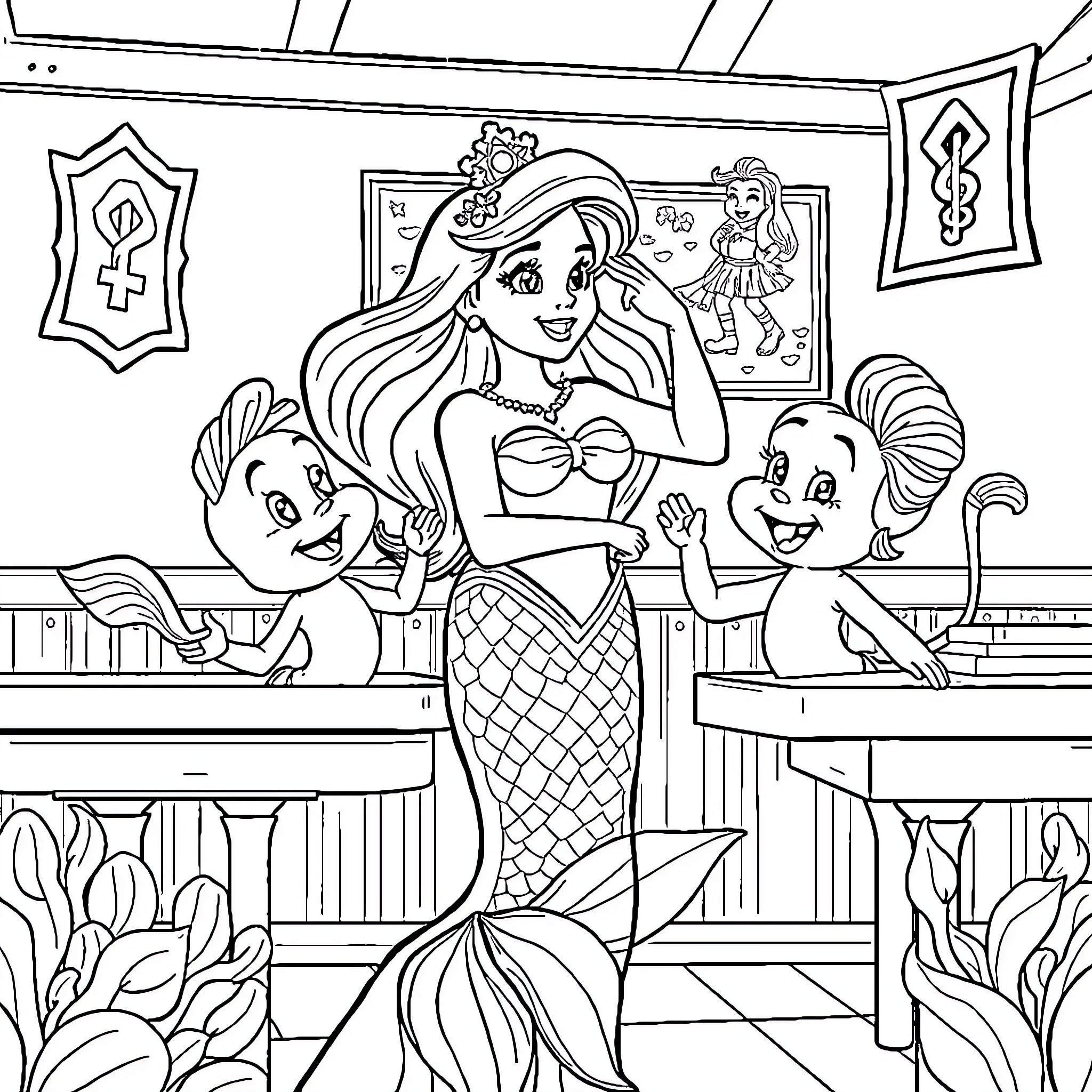 Ariel interacting with sea creatures in an underwater scene Coloring Page (free black-and-white line drawing printable PDF for all, from beginners to advanced learners, including children, teens, adults, and seniors)