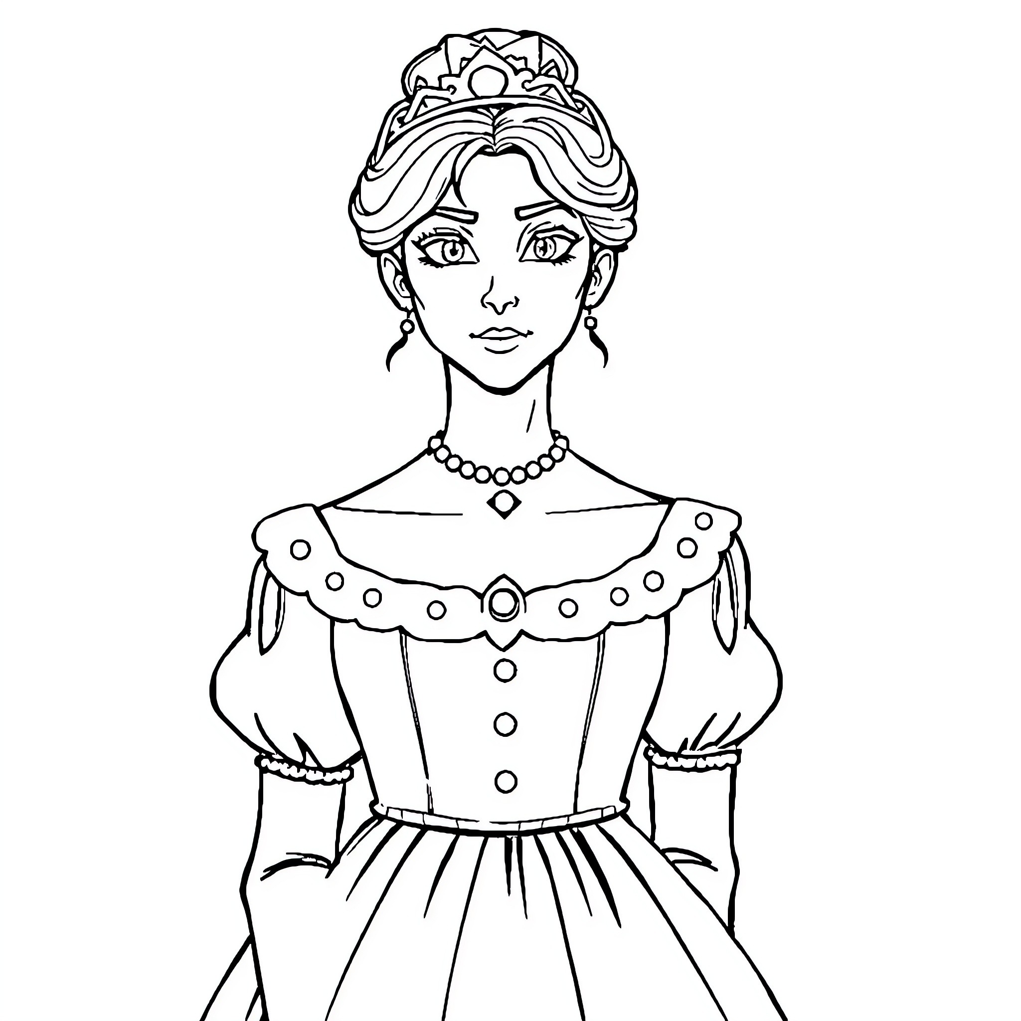 Mercredi's Regality: A Royal Figure Depicted Coloring Page (free black-and-white line drawing printable PDF for all, from beginners to advanced learners, including children, teens, adults, and seniors)