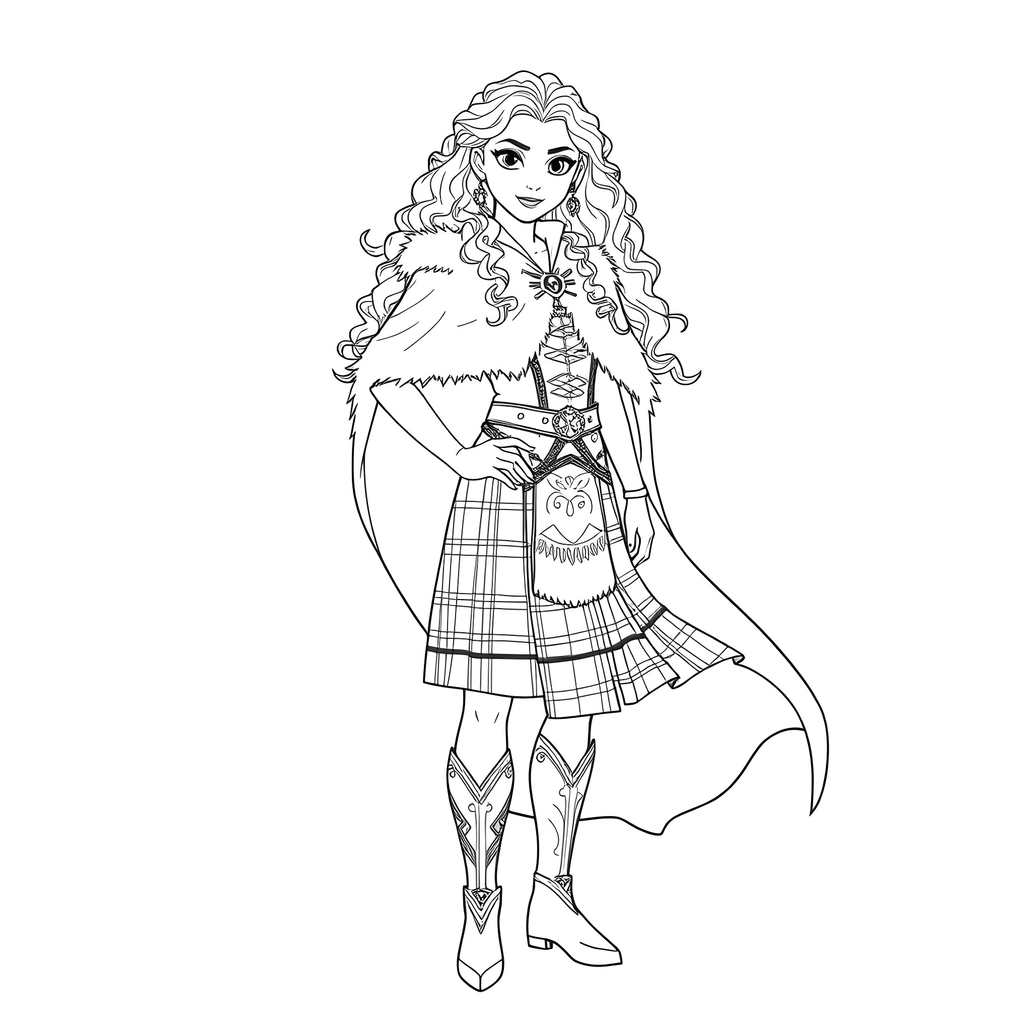 Merida in adventurous highland outfit Coloring Page (free black-and-white line drawing printable PDF for all, from beginners to advanced learners, including children, teens, adults, and seniors)
