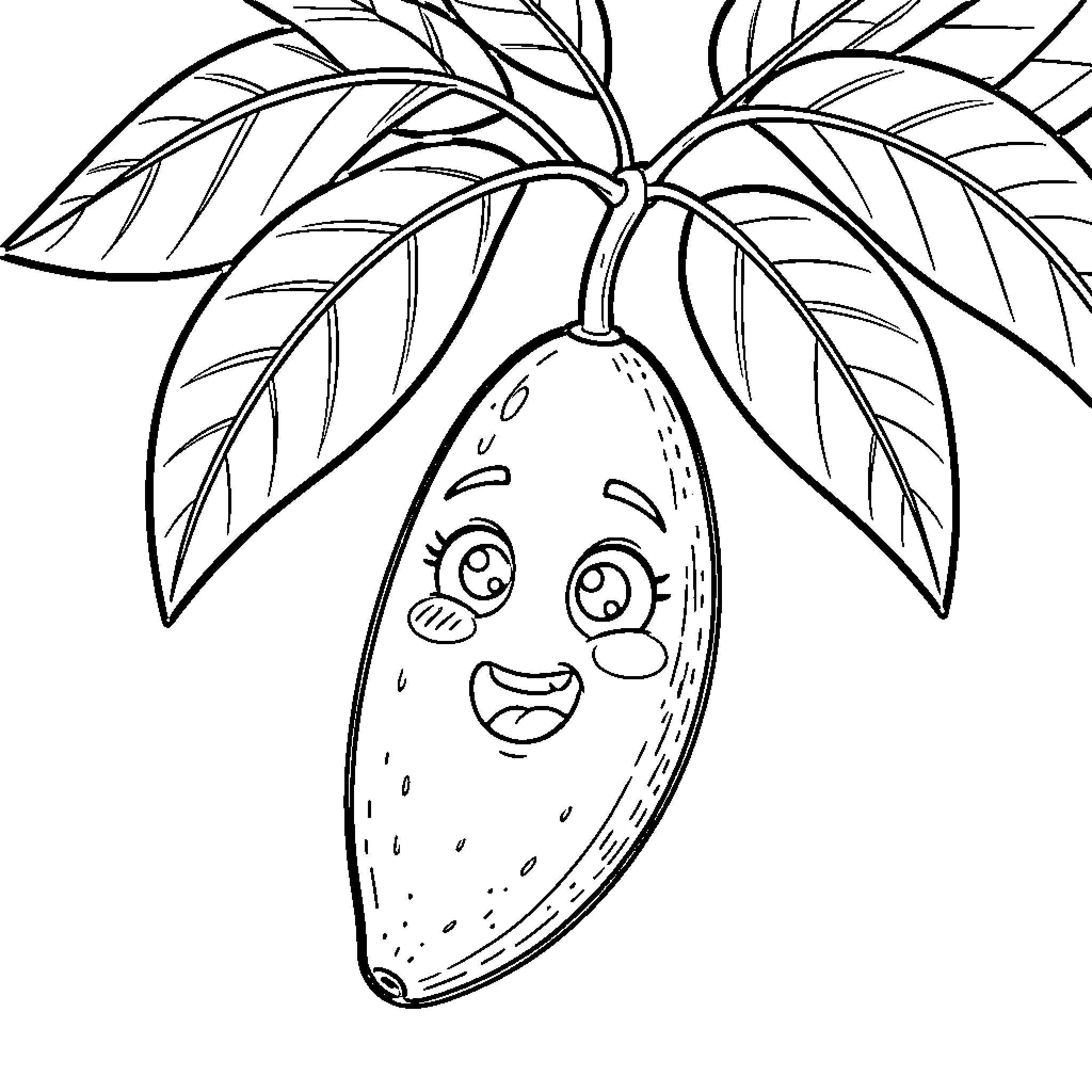 Mango character smiling happily with large eyes and leaves Coloring Page (free black-and-white line drawing printable PDF for all, from beginners to advanced learners, including children, teens, adults, and seniors)