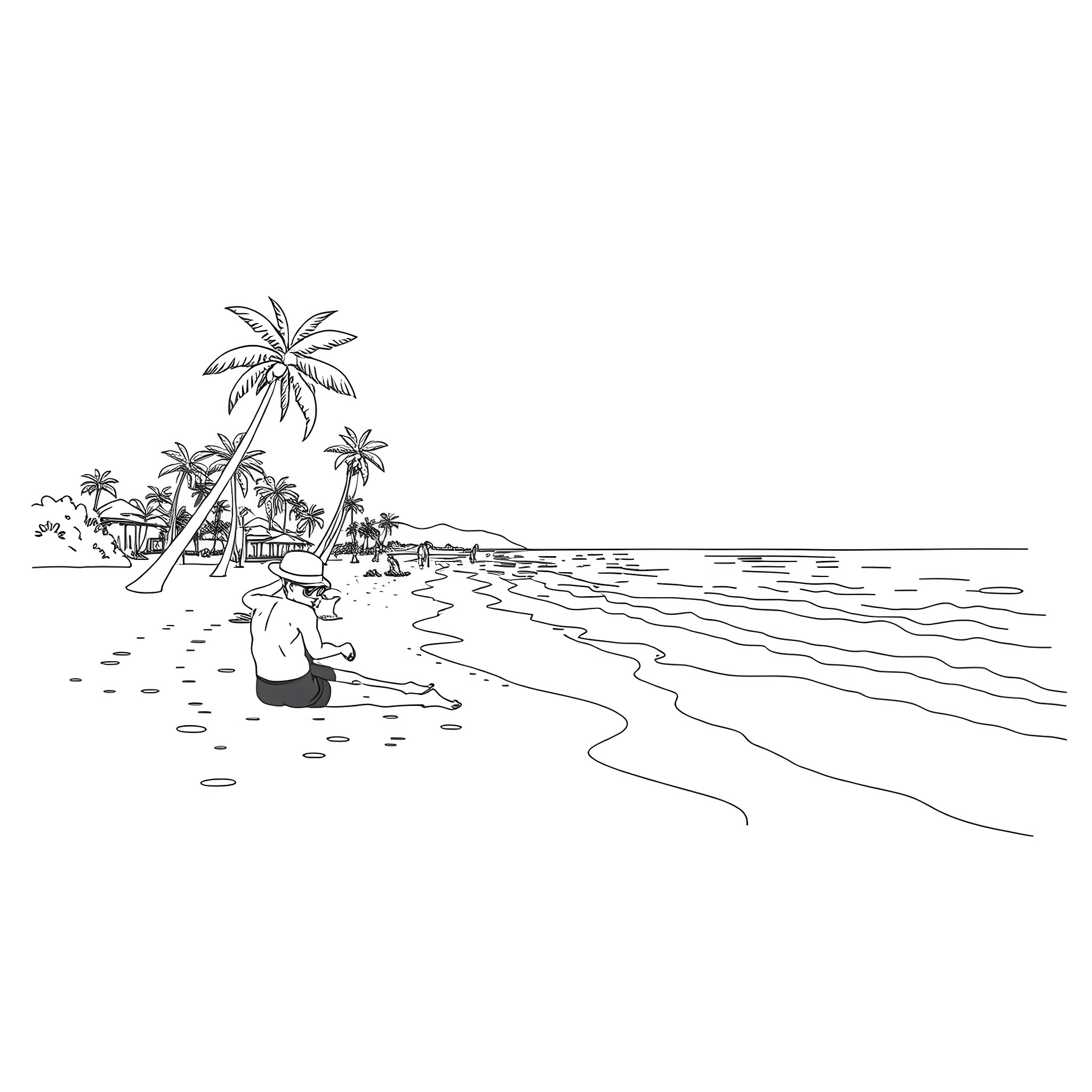 Beach scene with palm trees and person sitting Coloring Page (free black-and-white line drawing printable PDF for all, from beginners to advanced learners, including children, teens, adults, and seniors)