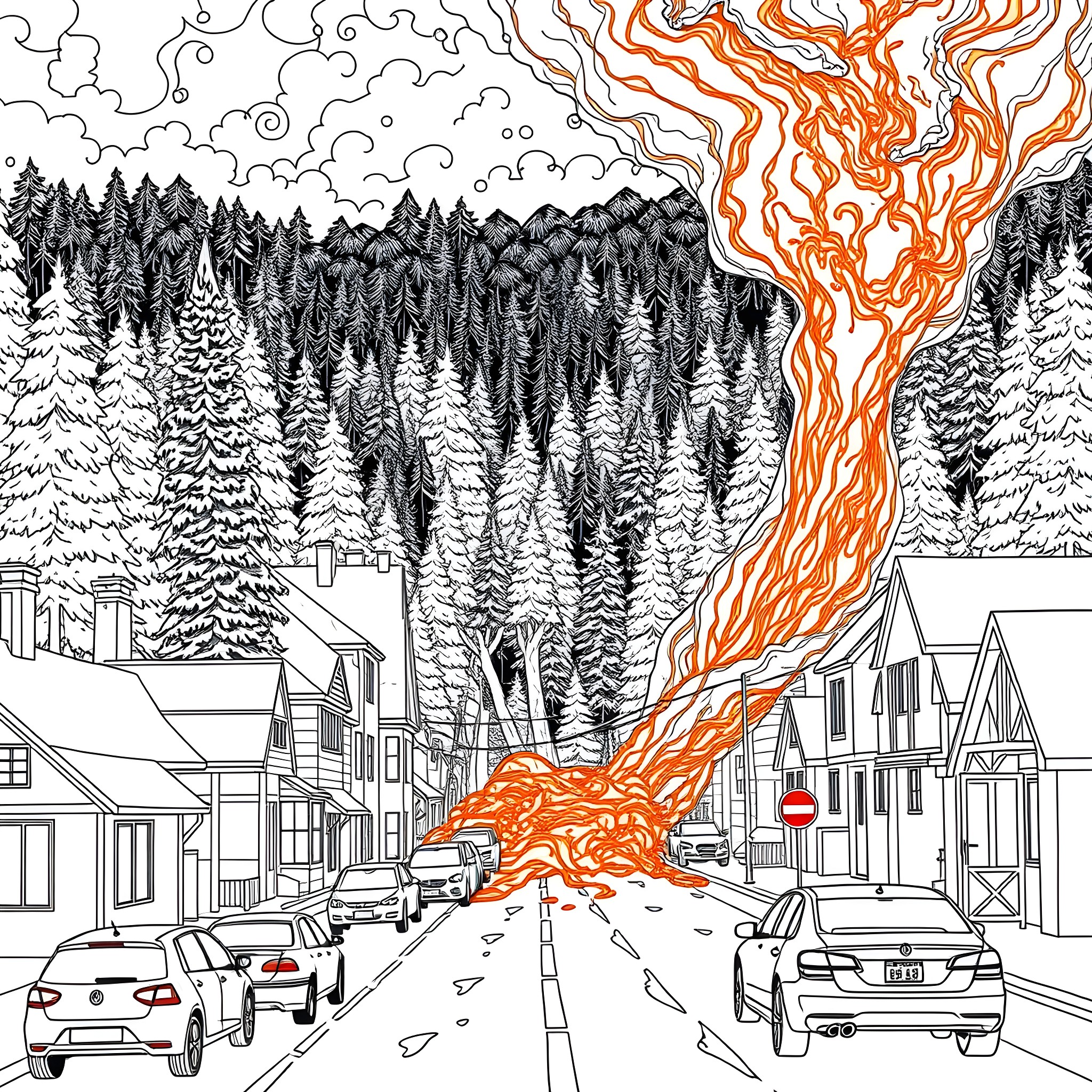 Volcano erupting in a town surrounded by forests Coloring Page (free black-and-white line drawing printable PDF for all, from beginners to advanced learners, including children, teens, adults, and seniors)