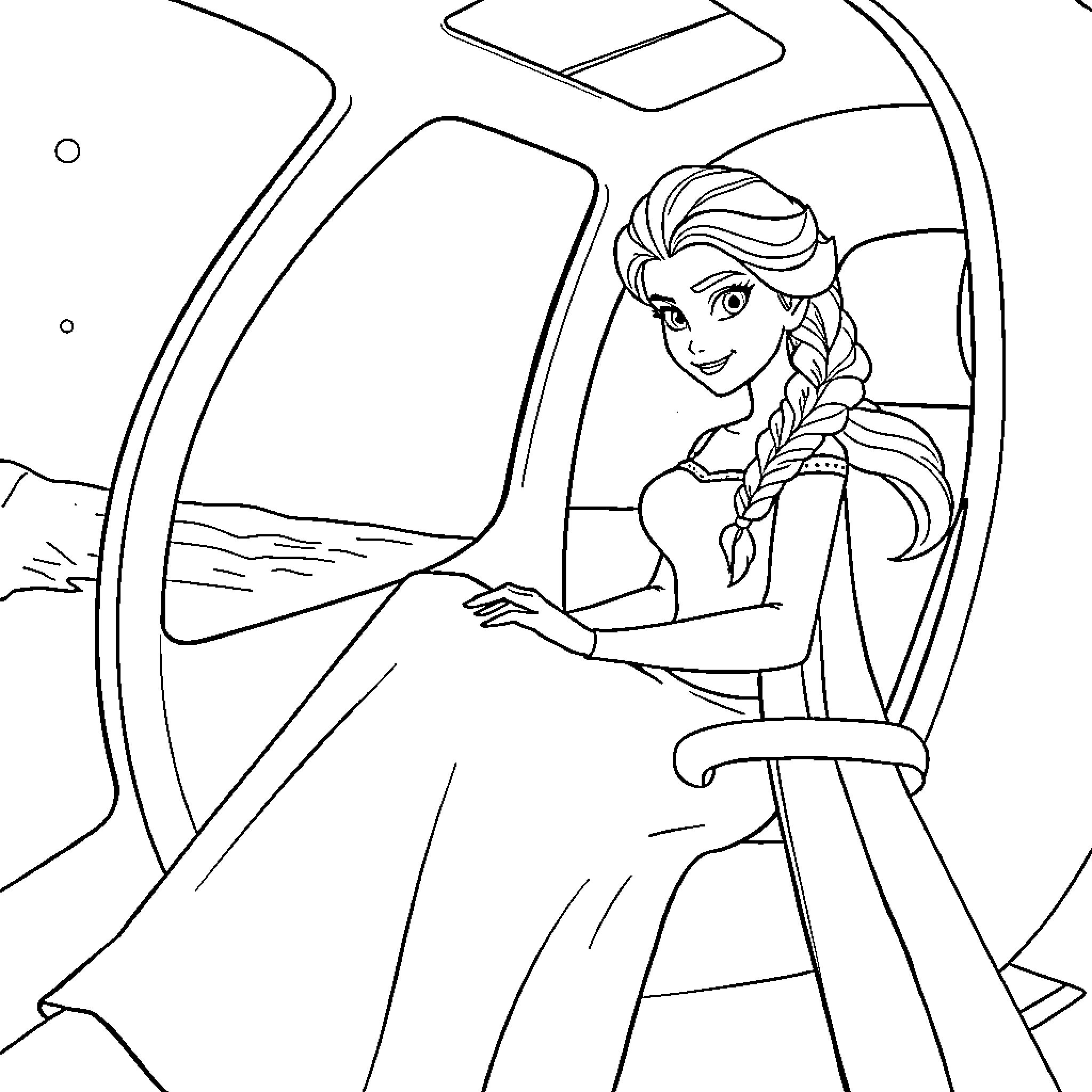 Elsa riding snowmobile in winter wonderland Coloring Page (free black-and-white line drawing printable PDF for all, from beginners to advanced learners, including children, teens, adults, and seniors)
