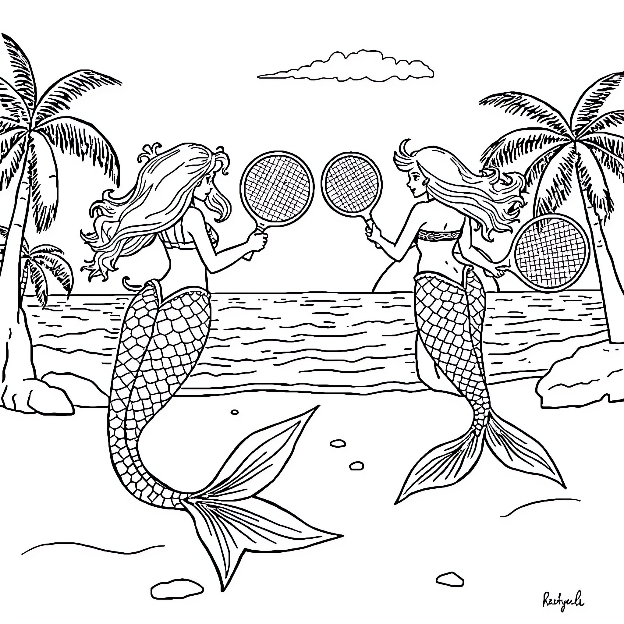Mermaid tennis match on the beach Coloring Page (free black-and-white line drawing printable PDF for all, from beginners to advanced learners, including children, teens, adults, and seniors)