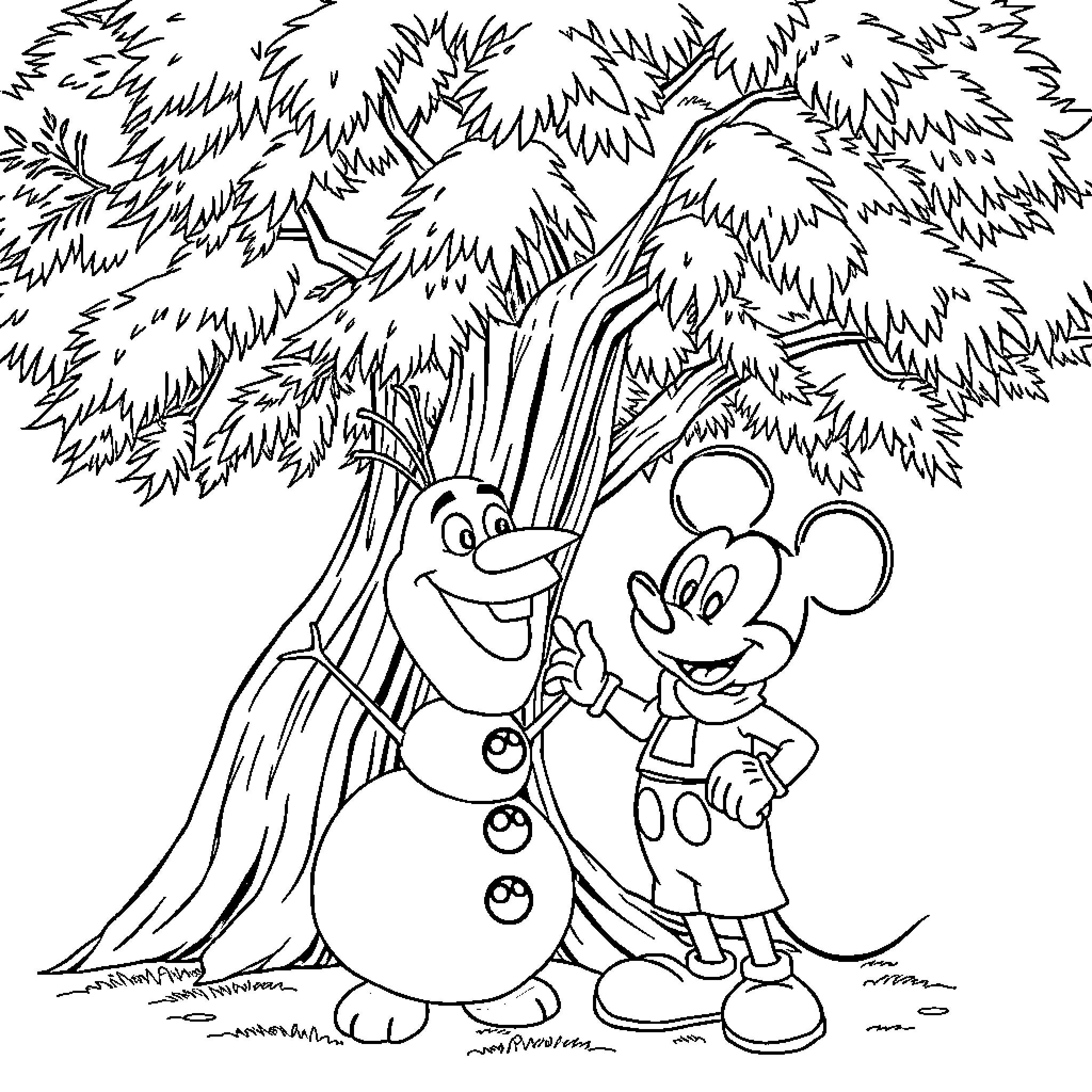Olaf and Mickey Mouse building a snowman in the forest Coloring Page (free black-and-white line drawing printable PDF for all, from beginners to advanced learners, including children, teens, adults, and seniors)