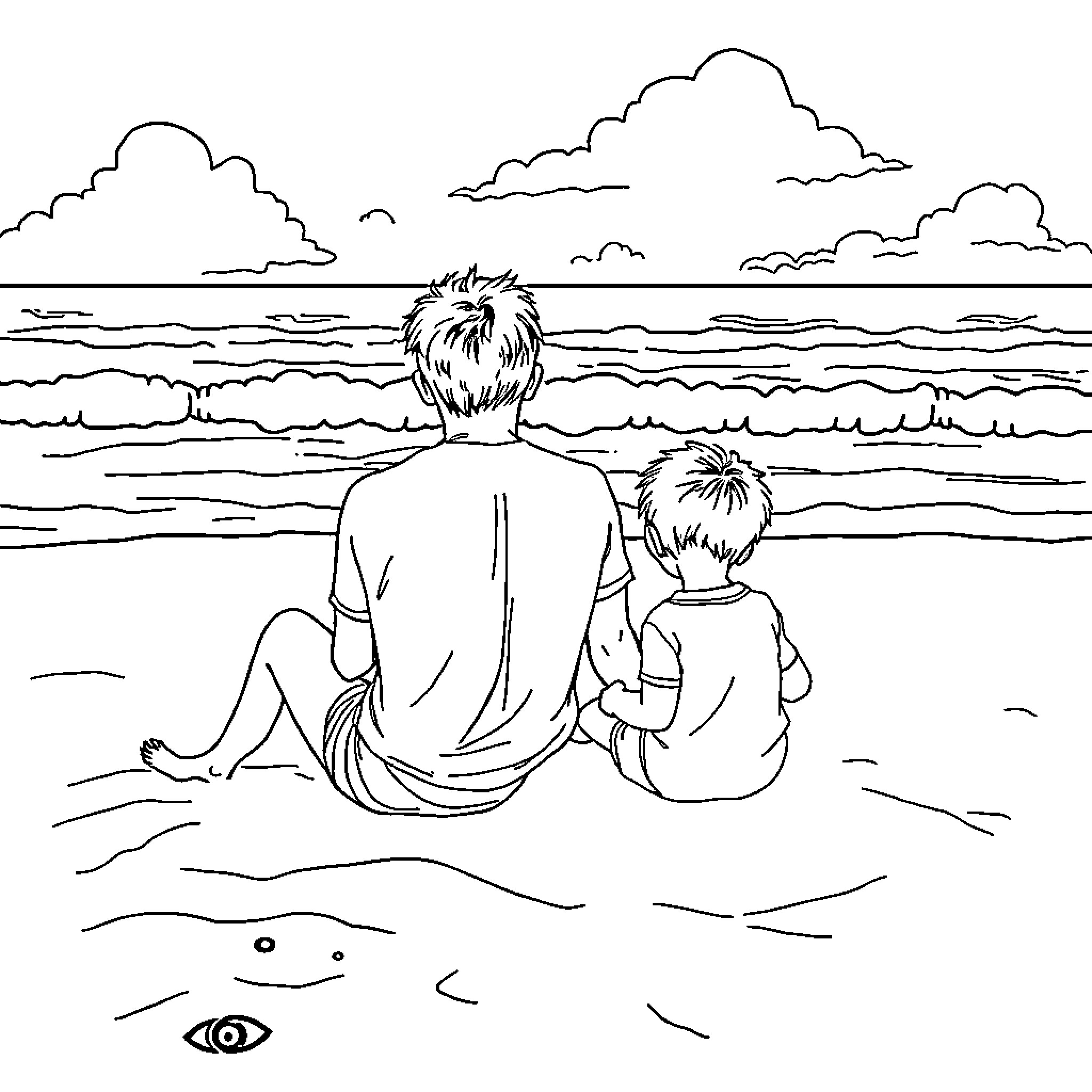 Father and Son Bonding at the Beach Coloring Page (free black-and-white line drawing printable PDF for all, from beginners to advanced learners, including children, teens, adults, and seniors)