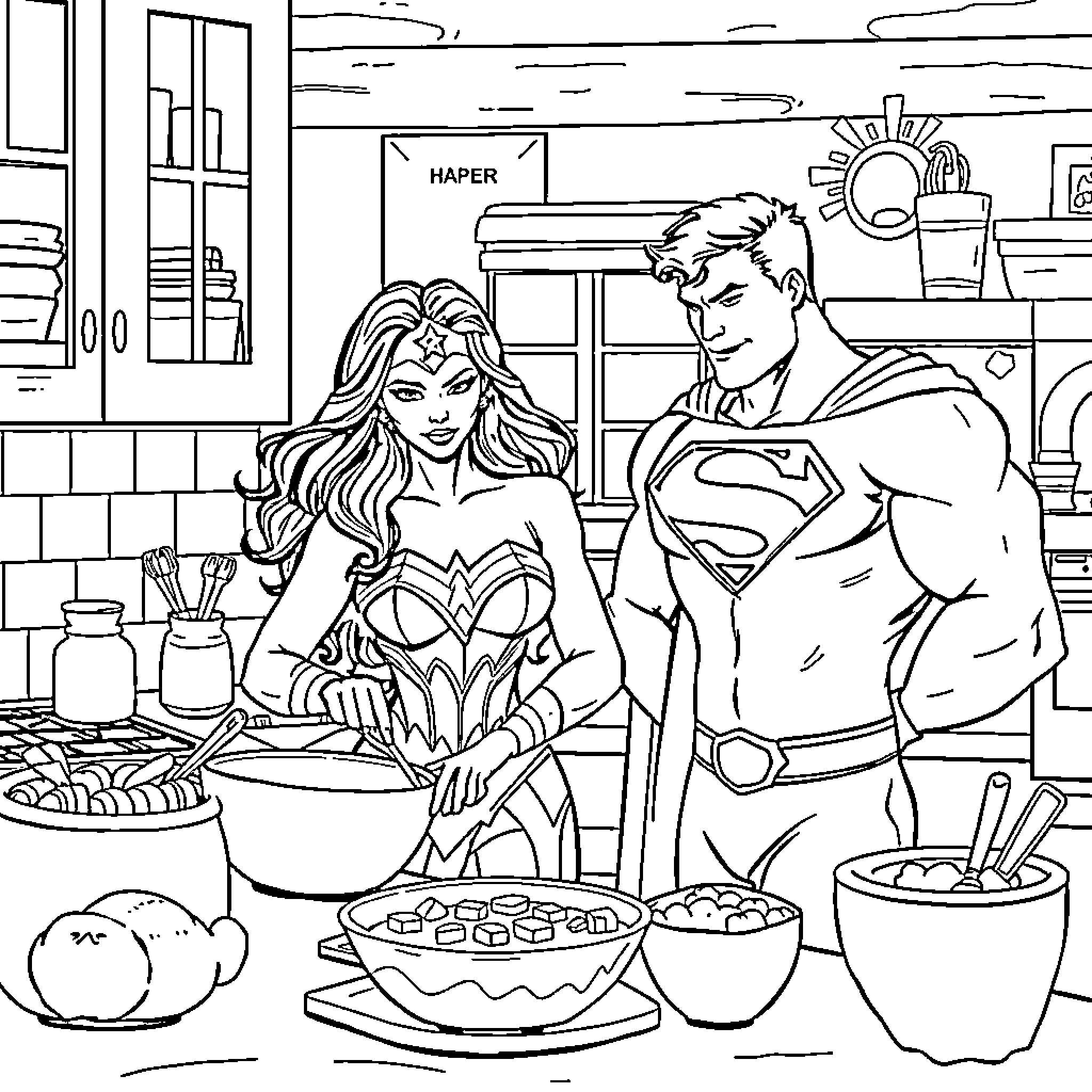 Wonder Woman and Superman cooking together in the kitchen Coloring Page (free black-and-white line drawing printable PDF for all, from beginners to advanced learners, including children, teens, adults, and seniors)