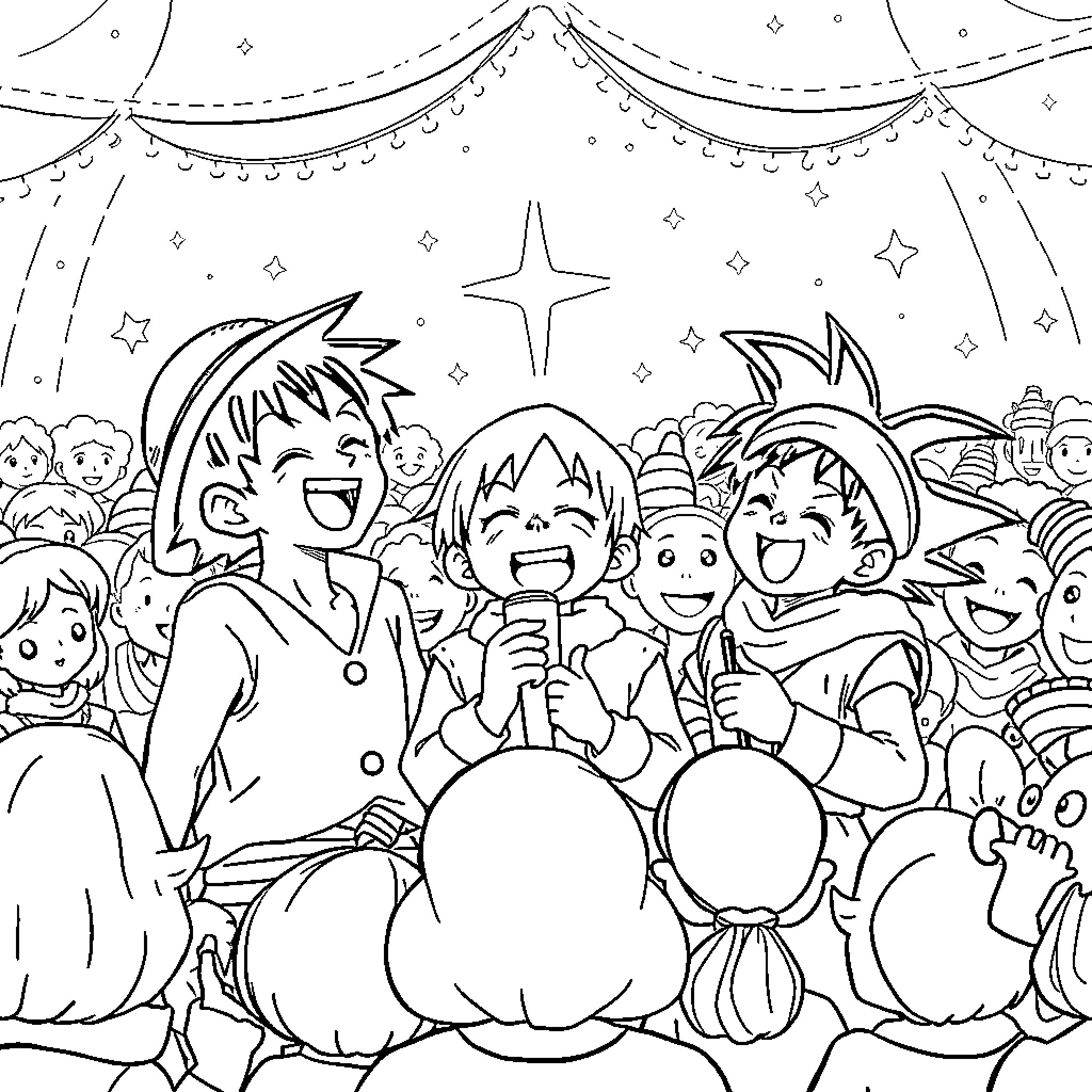 Luffy and friends celebrate together Coloring Page (free black-and-white line drawing printable PDF for all, from beginners to advanced learners, including children, teens, adults, and seniors)